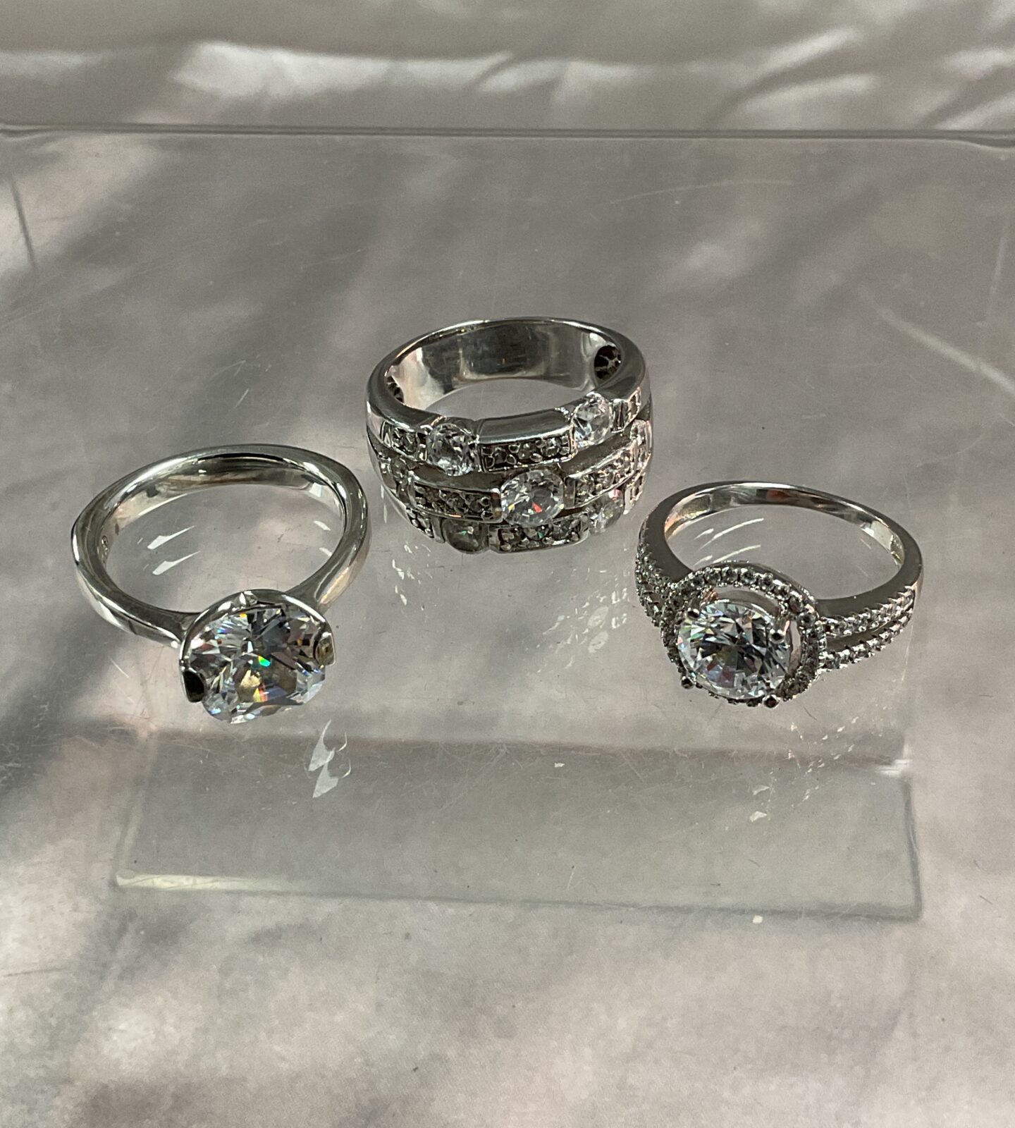 Three 925 Silver Rings Set with Cz Stones Sizes M O