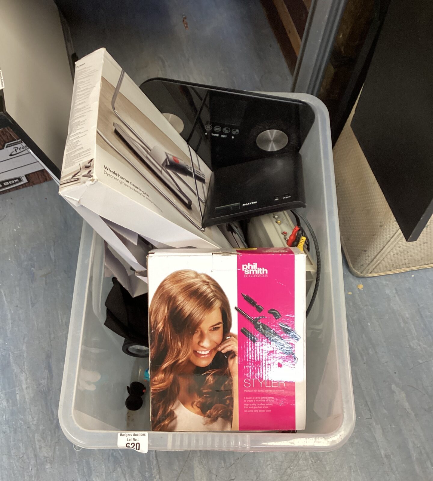 Box of mixed items inc Phil Smith hair styler