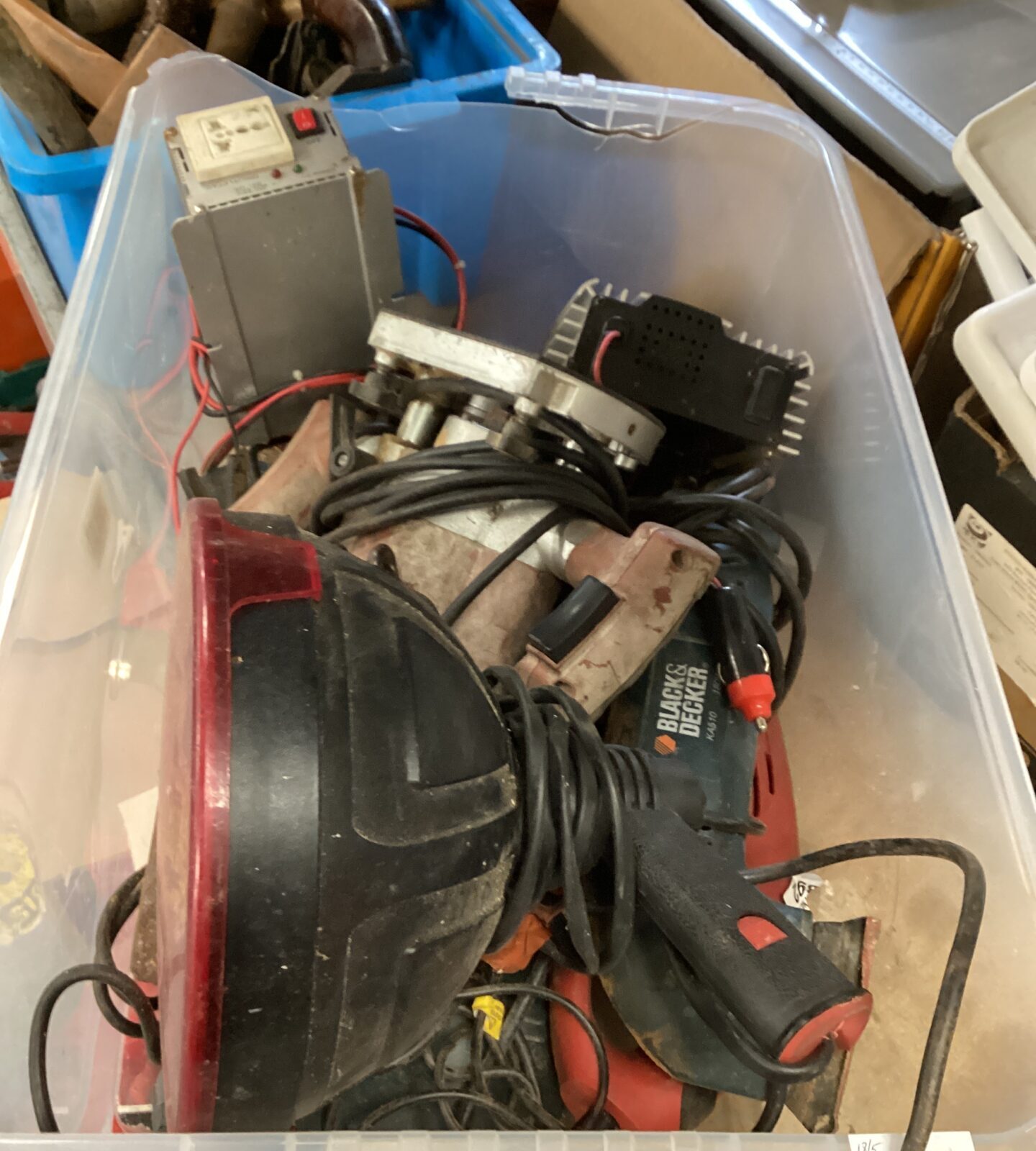 Box of mixed power tools inc infa red light