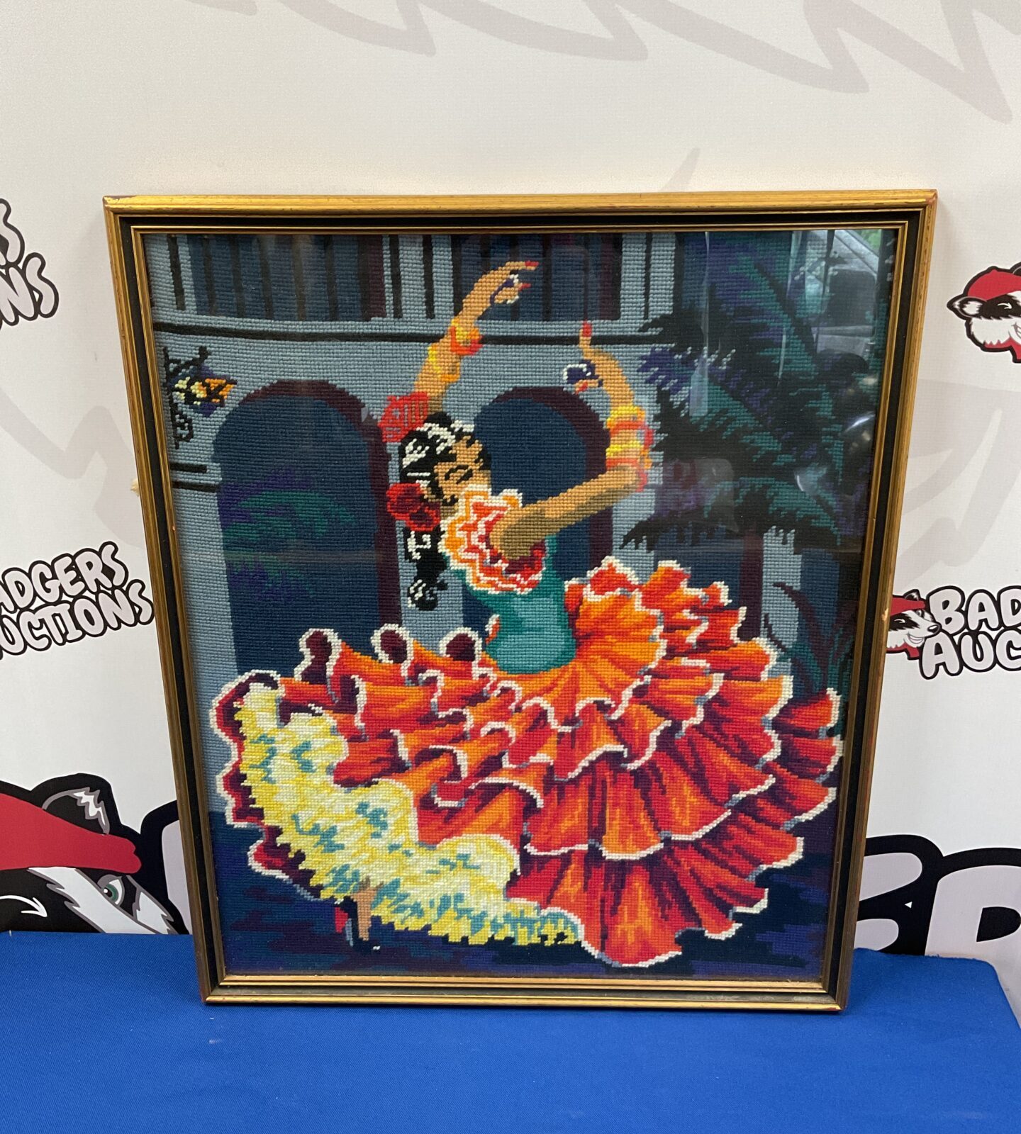 Gilt framed embroidery of a spanish dancer