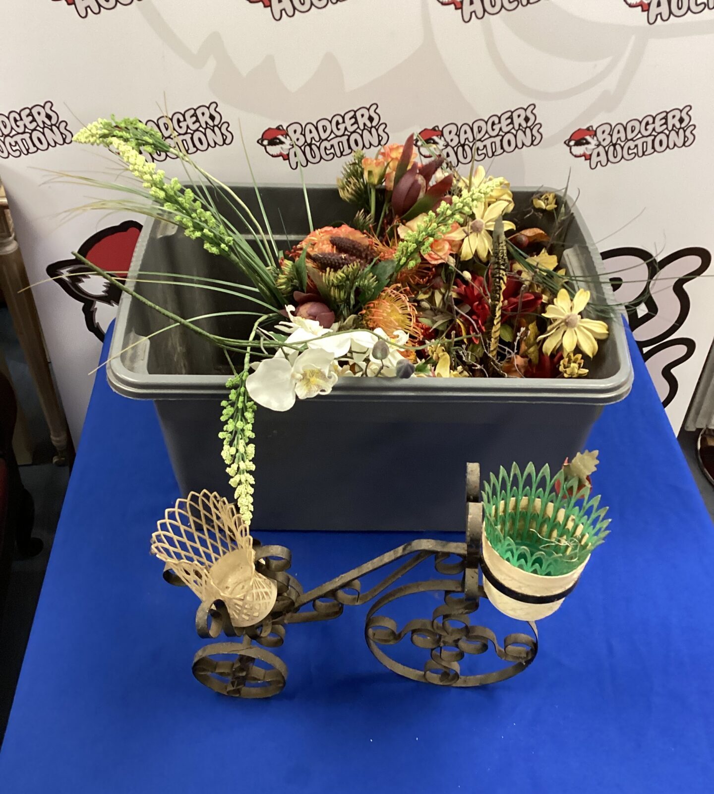 Box of artificial flowers with vases & bicycle flower pot stand
