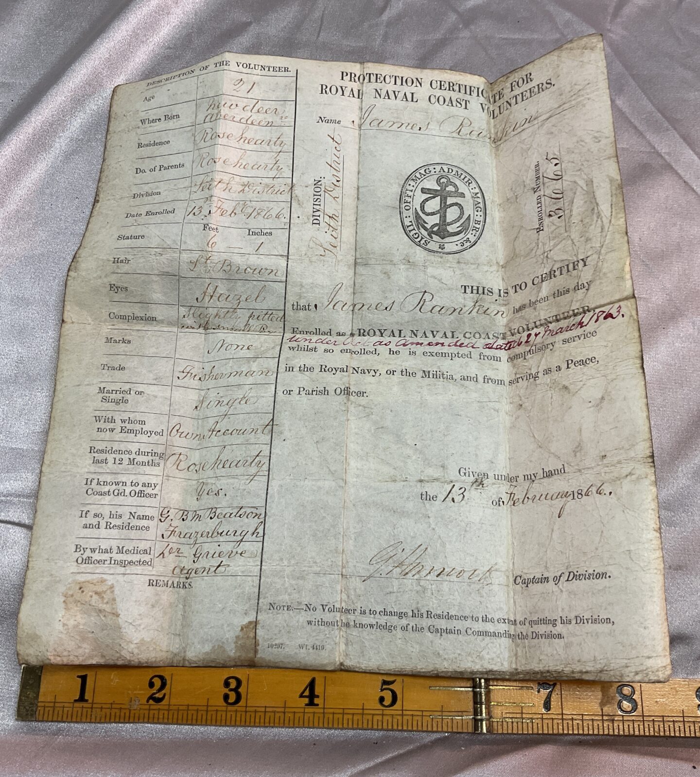 Antique Velum 1866 Protection Certificate for Royal Navy Voluneers