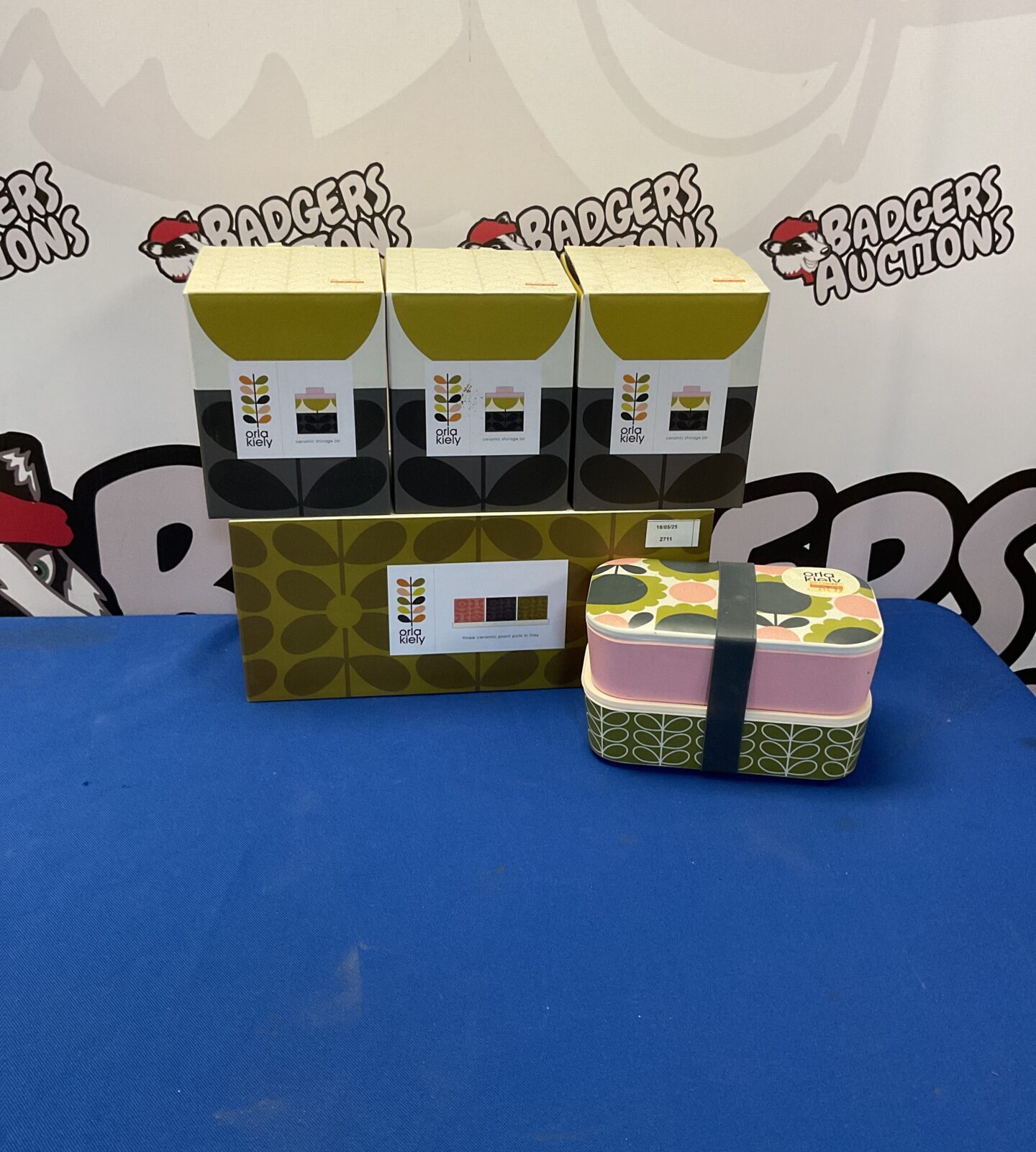 Selection of new orla kiely products inc three ceramic storage jars, three ceramic plant pots and two bamboo lunch boxes