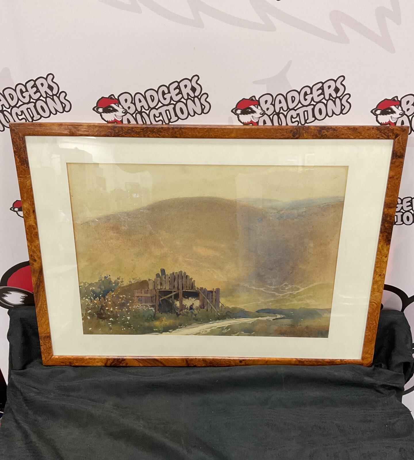 Original artist signed watercolour of a barn with figures