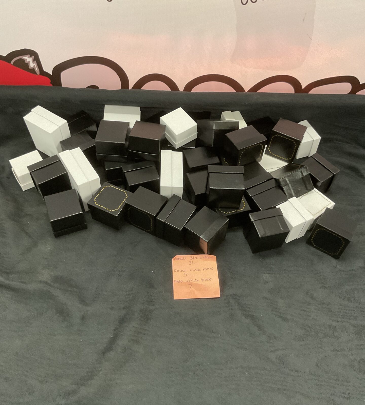Bag of empty jewellery boxes (31 black, 5 small white, 7 medium white)