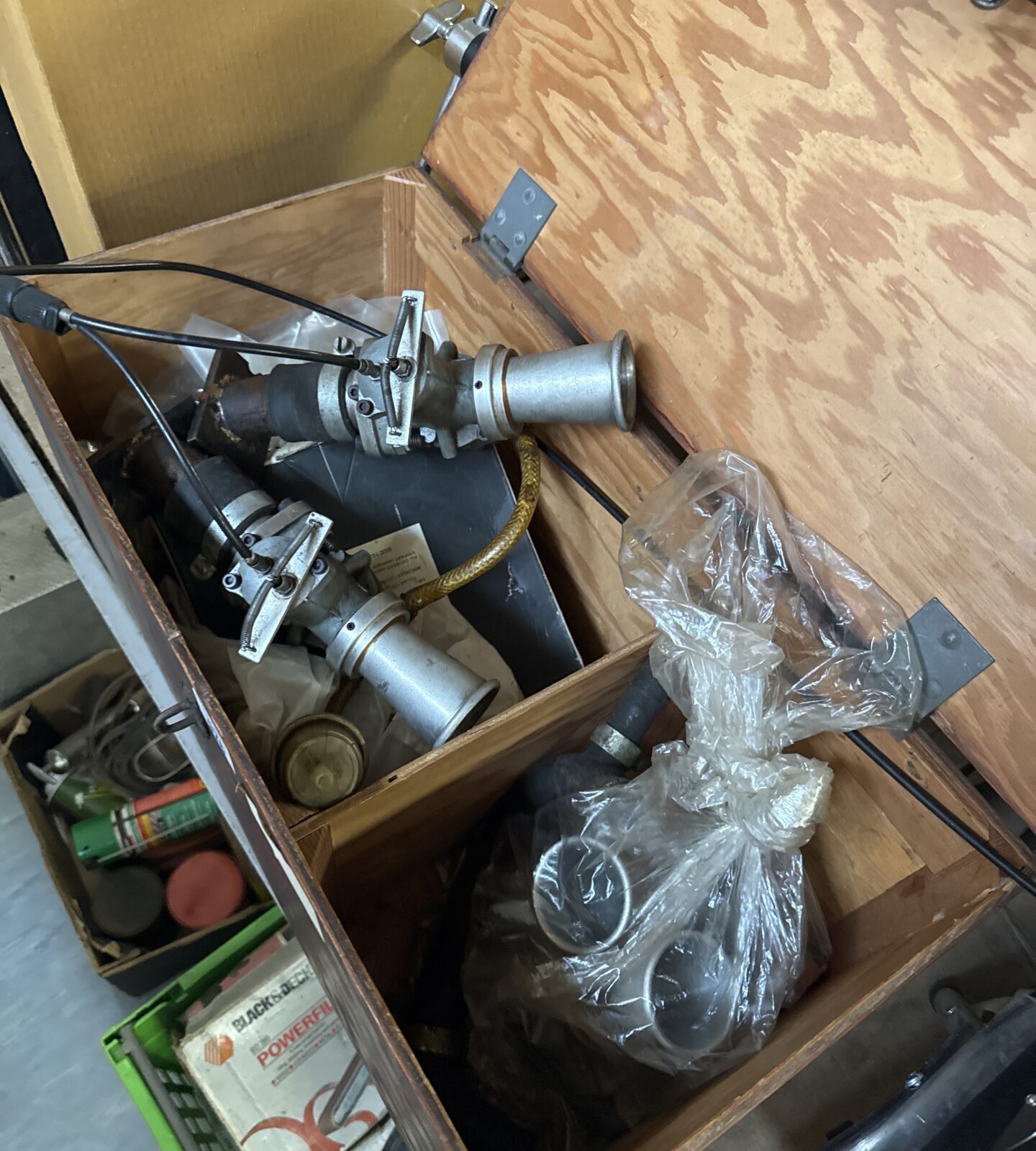 Box of garage clearance items inc four amal bike carbs