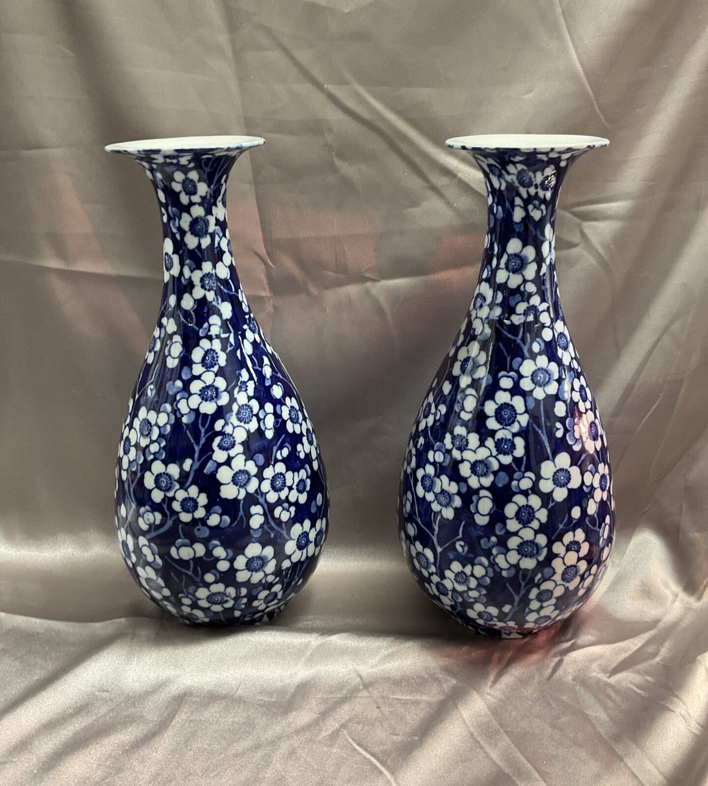 pair of Wood prunus wood blue & white floral vases