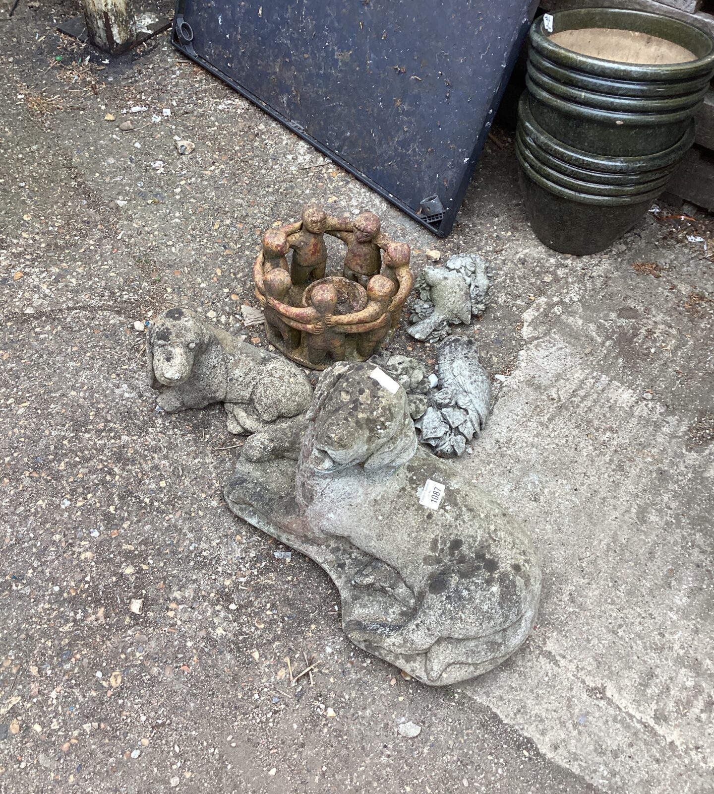 Collection of garden ornaments inc dog