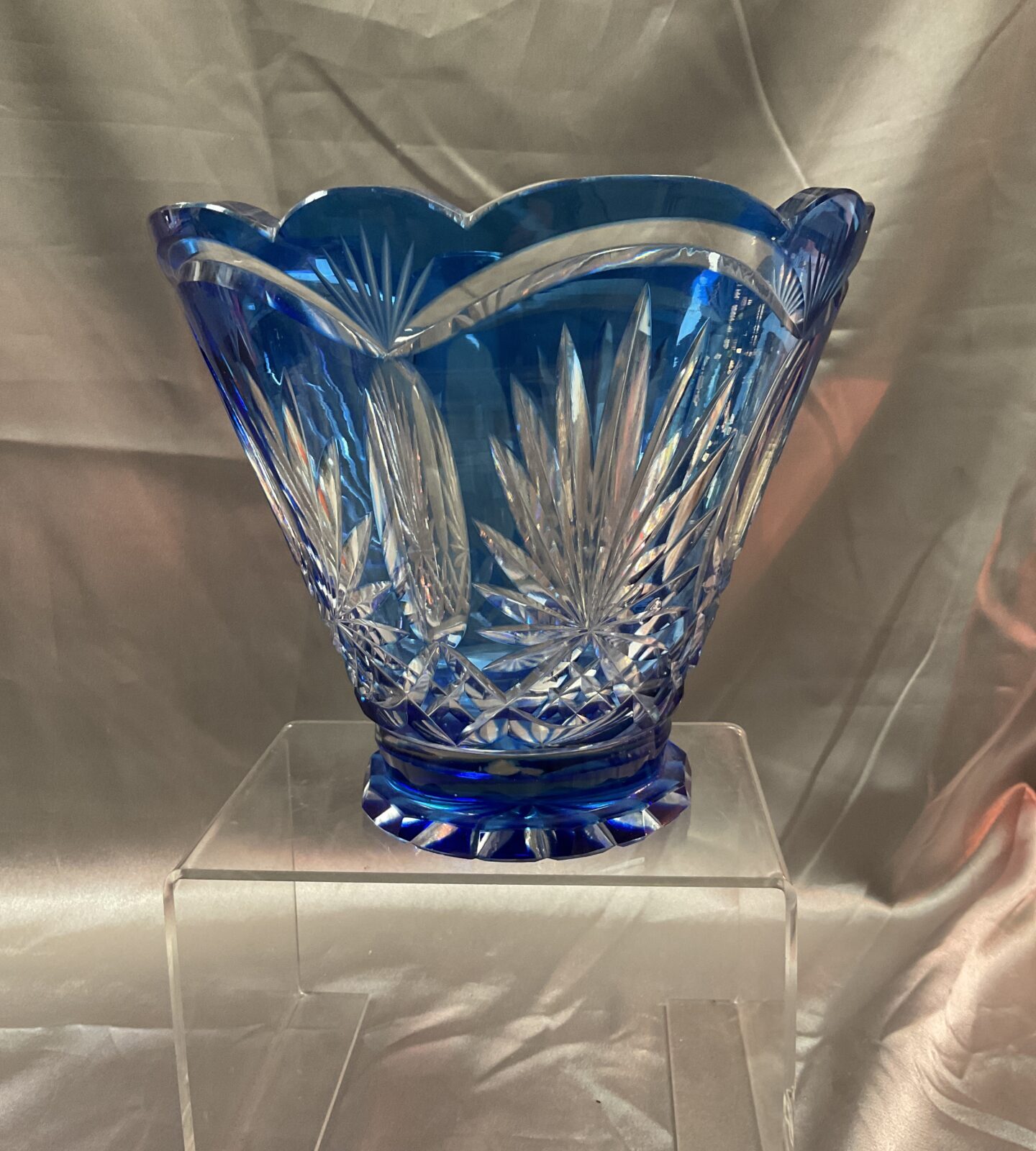 Bohemian blue to clear 6” glass vase