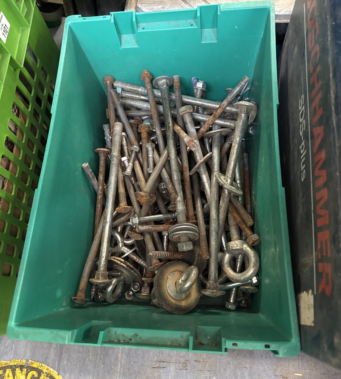 Box of large bolts & other items