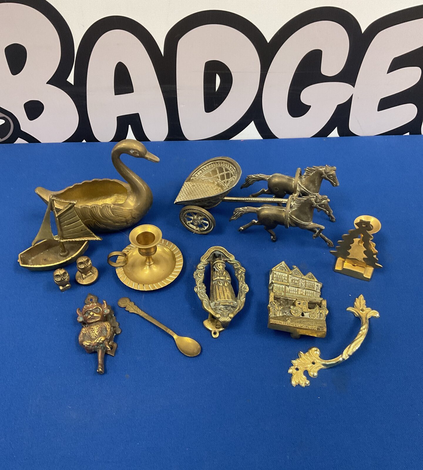 Selection of brassware including roman horse & chariot & chamberstick
