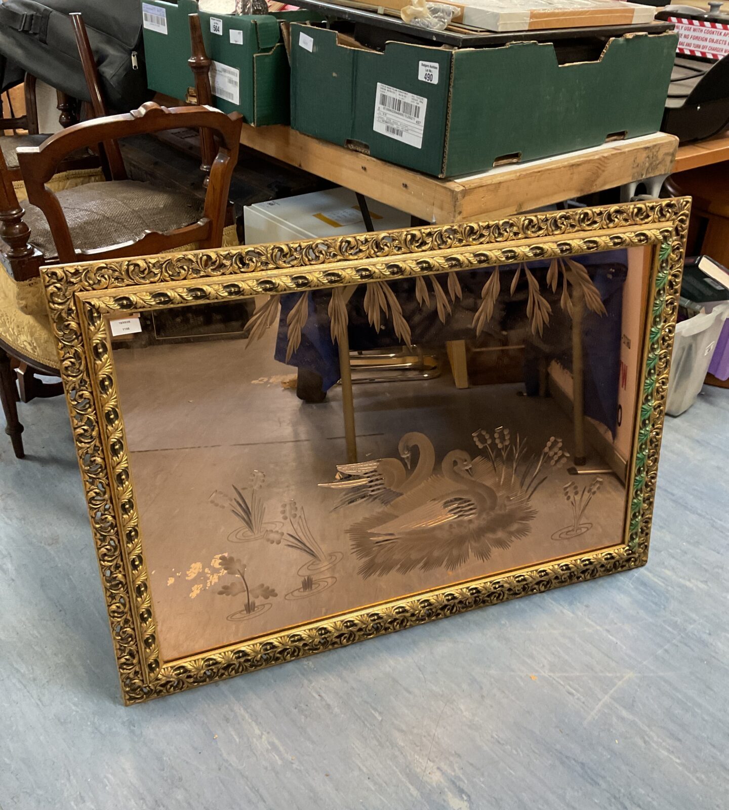 Large gilt framed pink glass swan etched mirror 170cm x 105cm