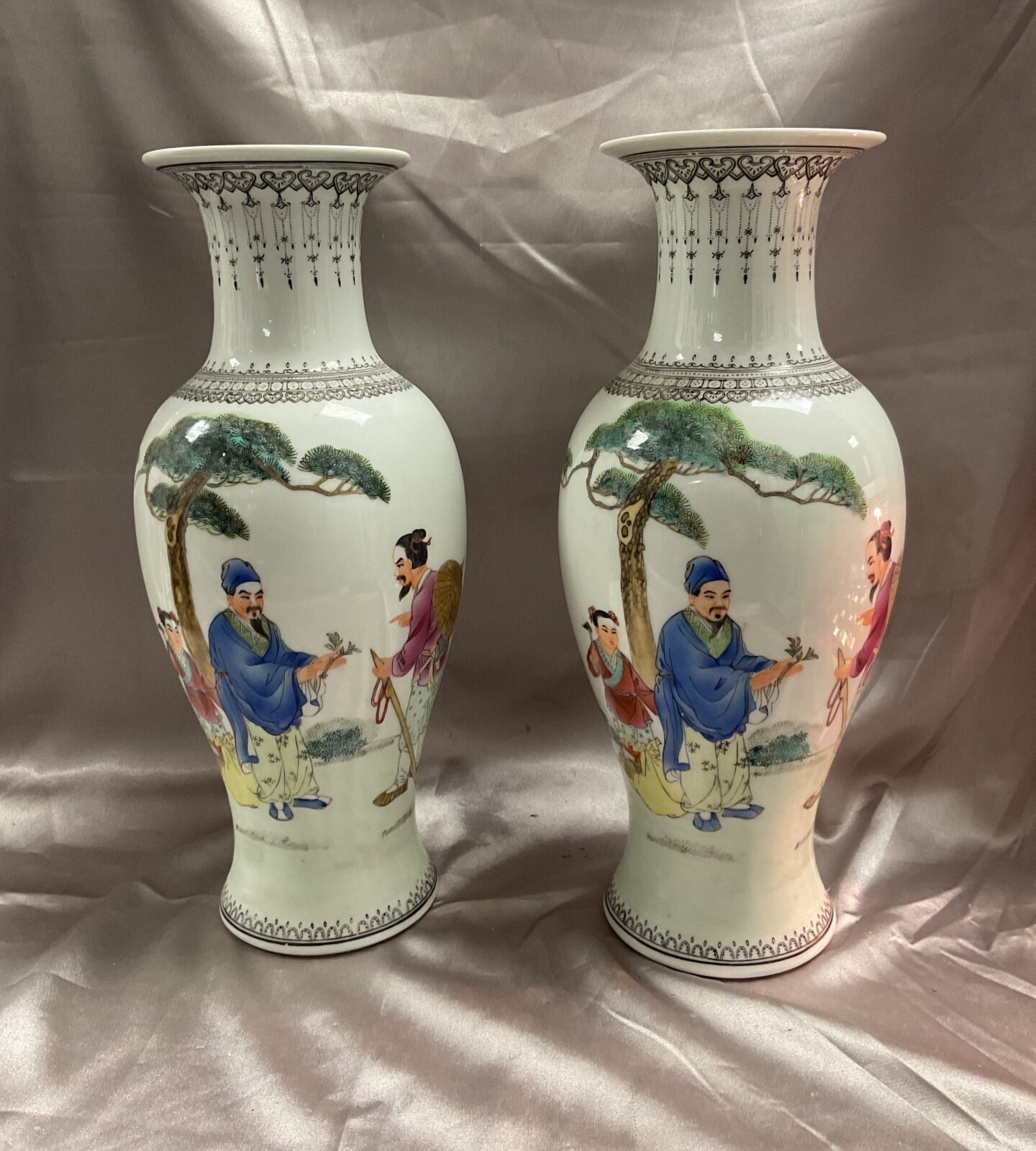 Pair of Vintage Famile rose 12” porcelain vases