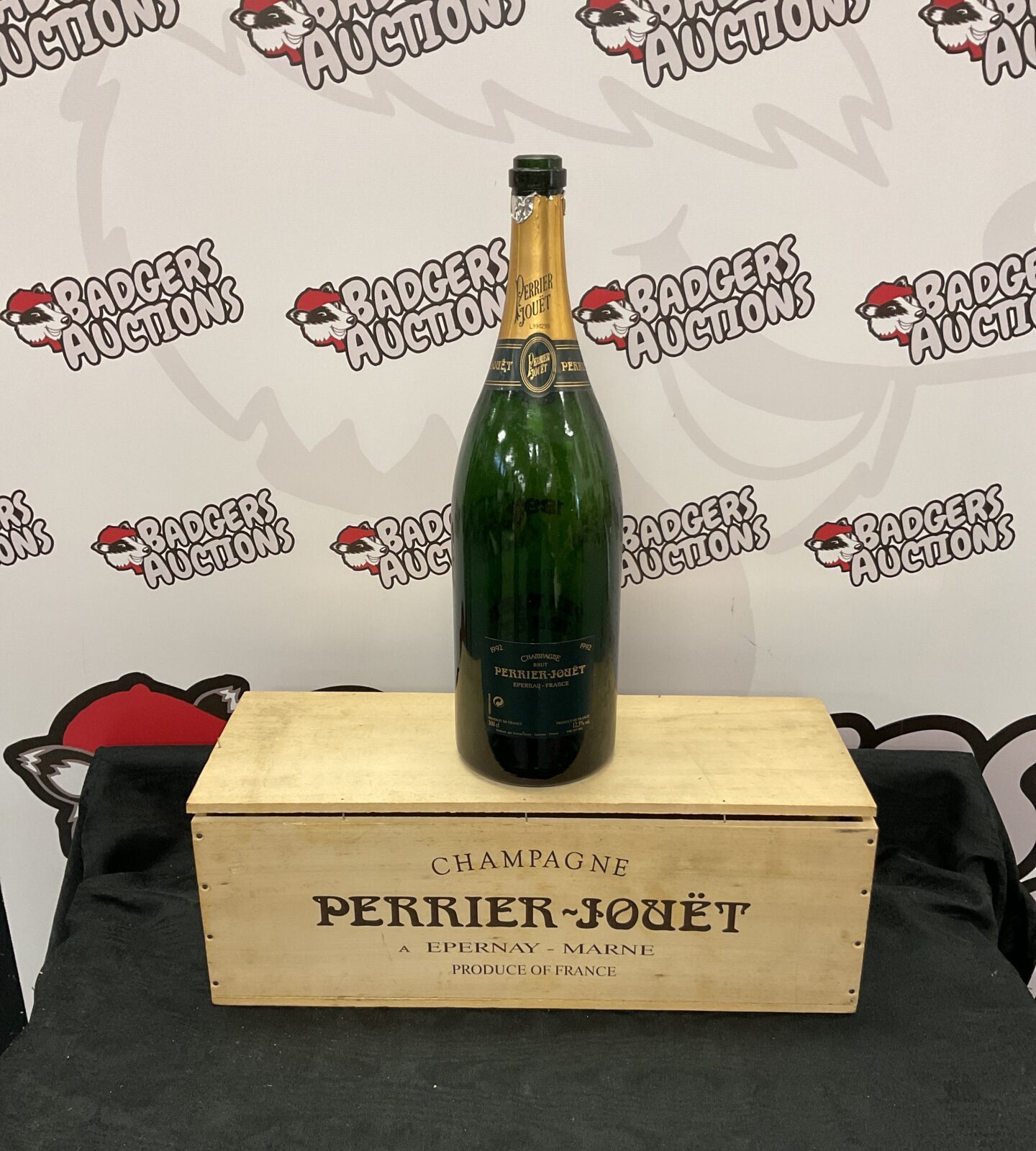 Perrier jouet magnum champagne bottle & wooden crate