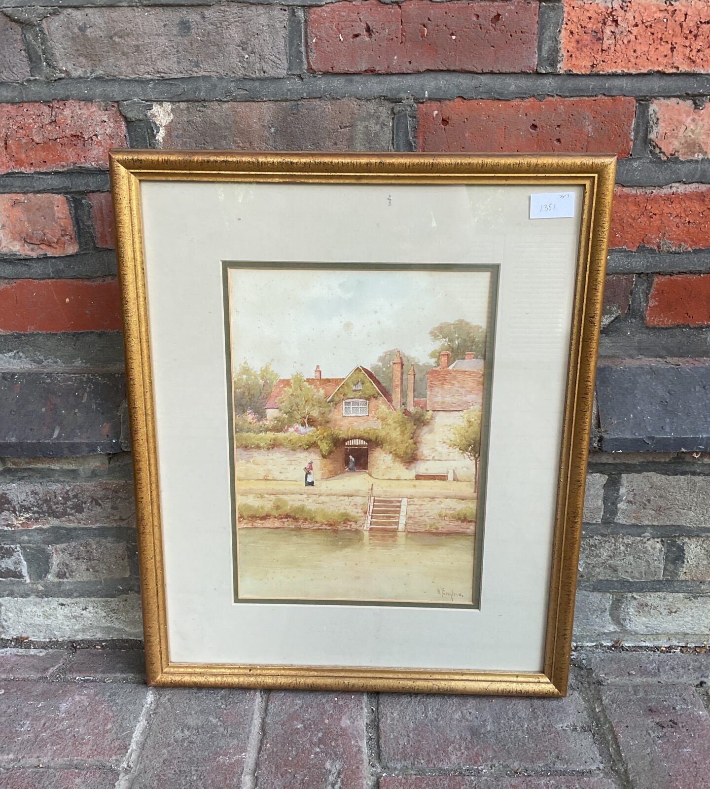 H English watercolour of a riverside cottage