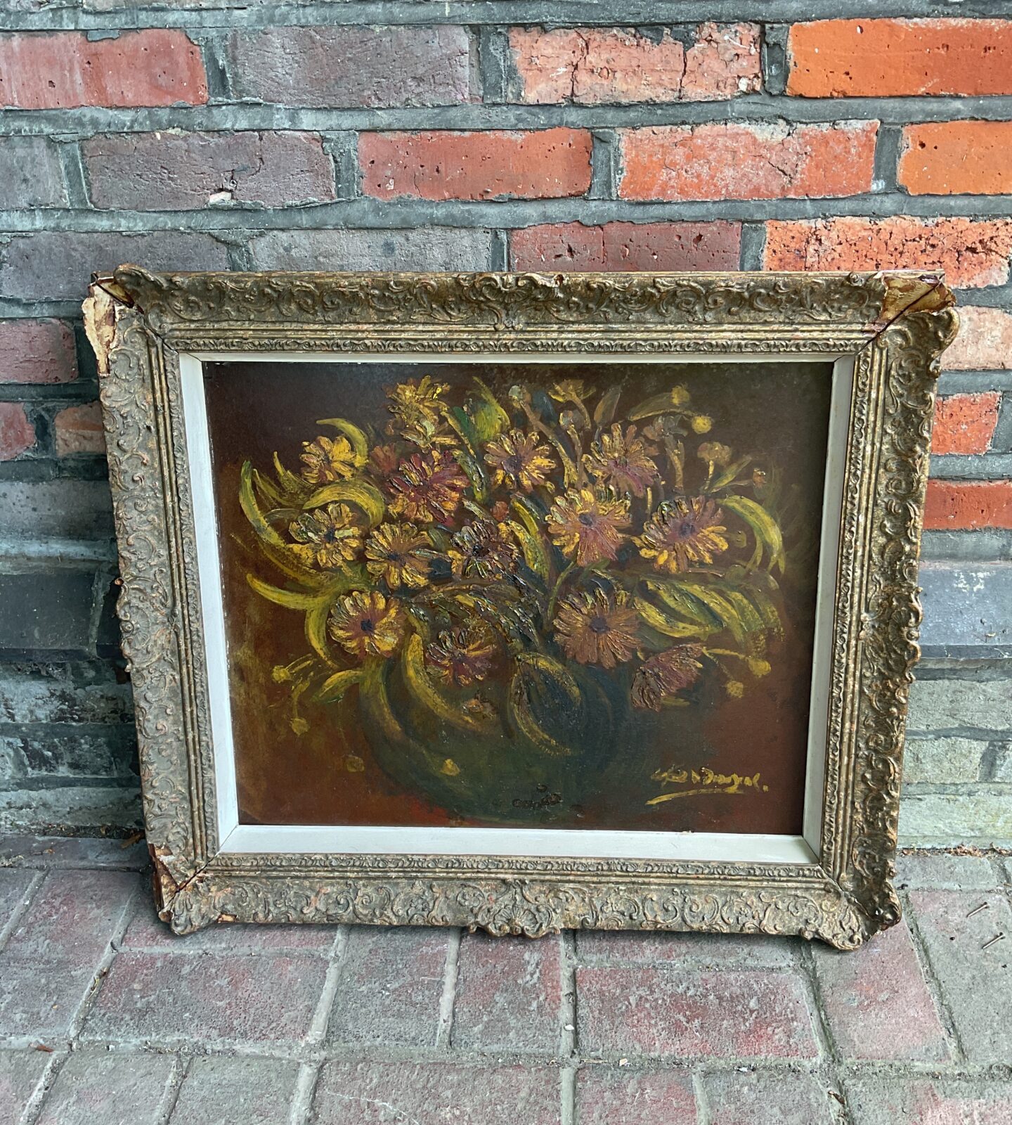 Signed gilt framed 1960s still life oil on board of blooms in vase
