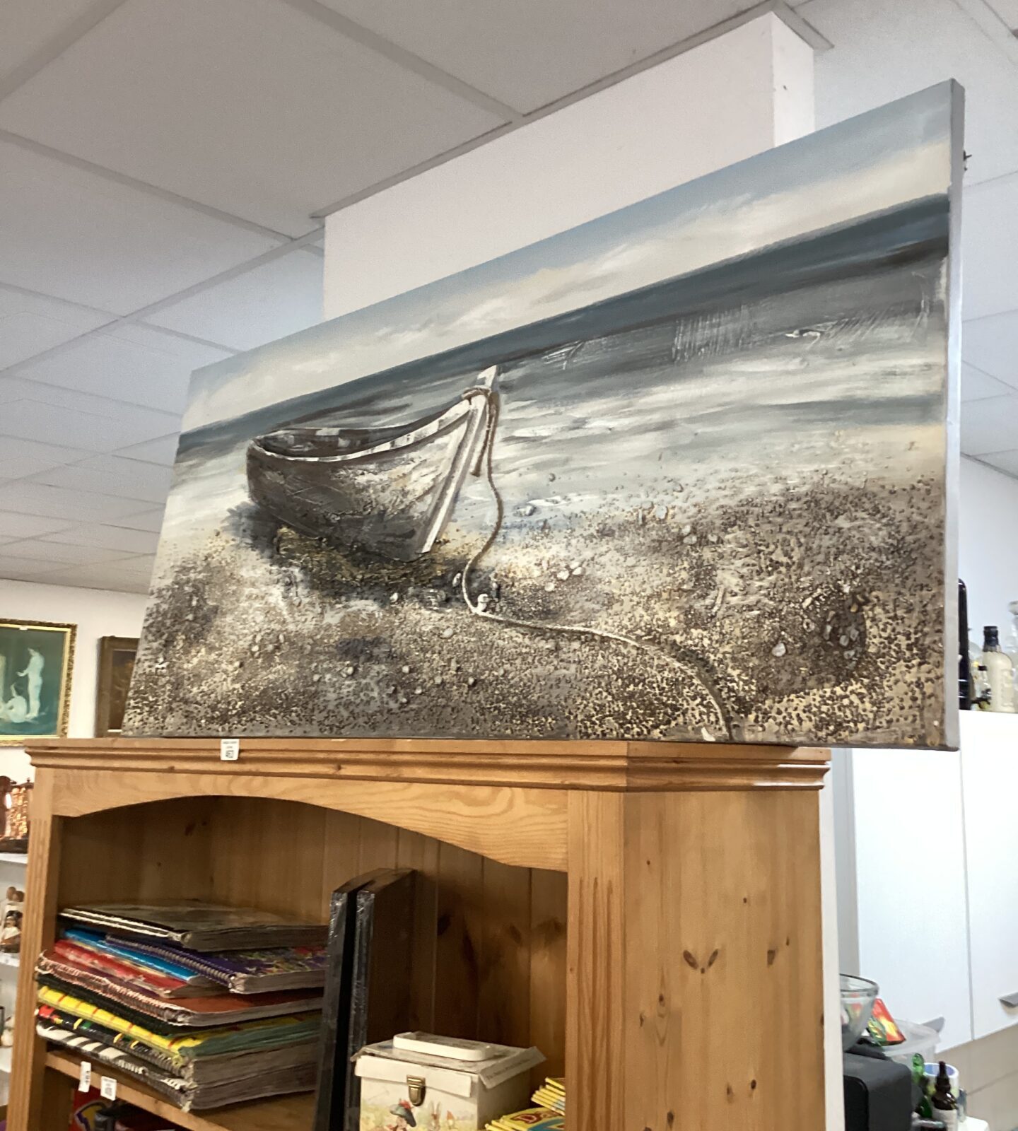 Large mixed method artwork on canvas of row boat on the shore