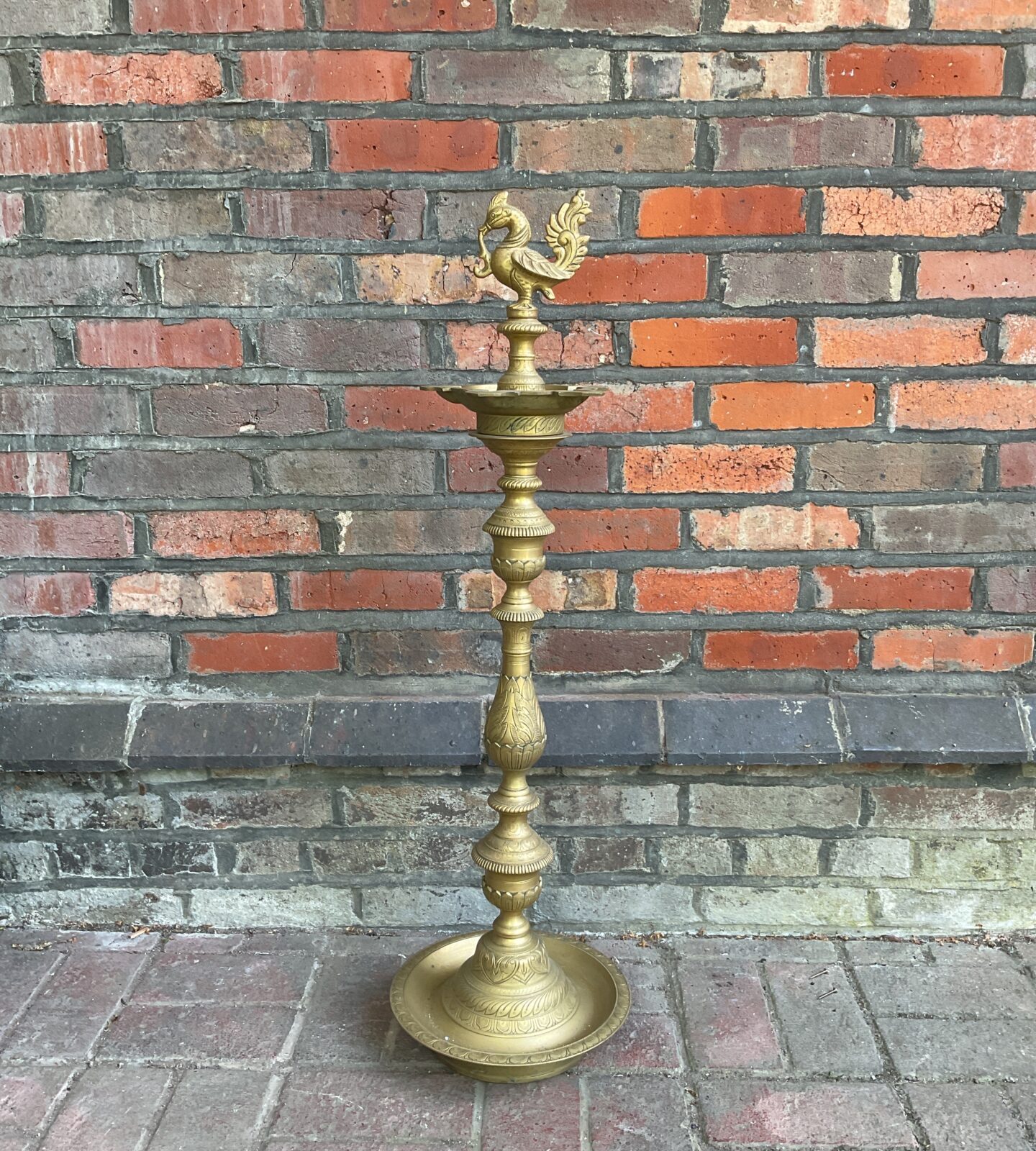 Vintage brass floor standing ashtray with phoenix finial