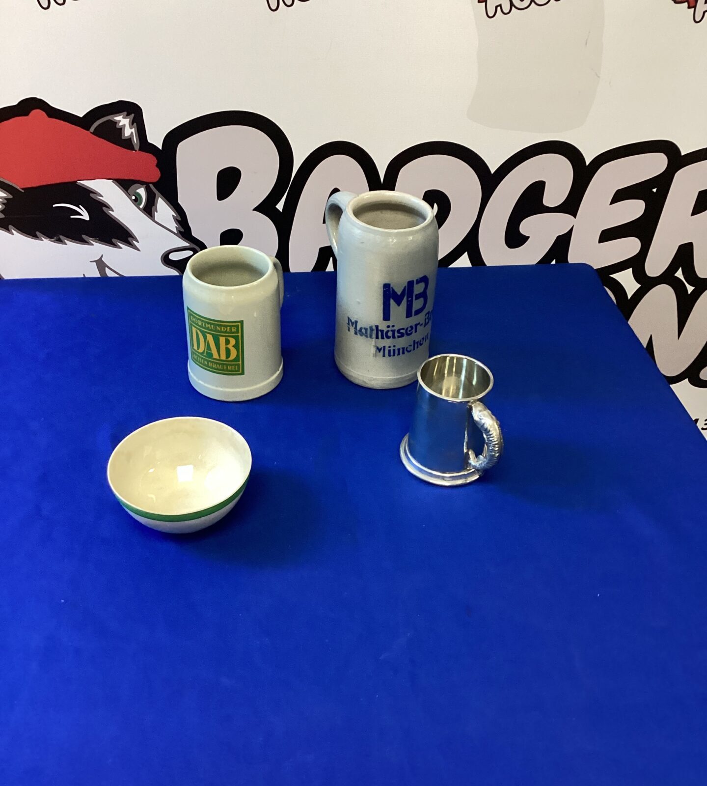 Two glazed beer mugs with Wedgewood Bowl and Tankard