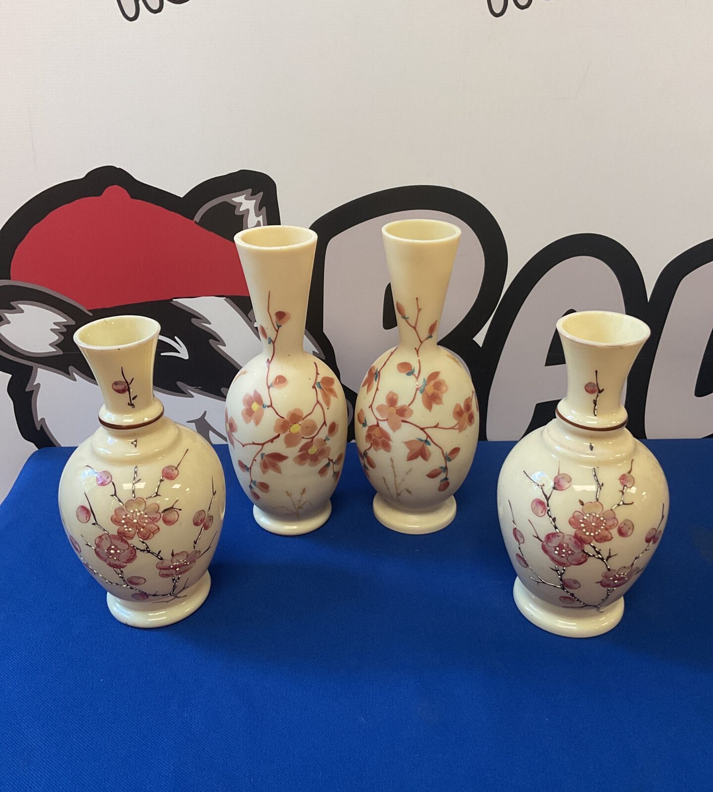 Two pairs of Victorian milk glass 8” & 7” tall vases