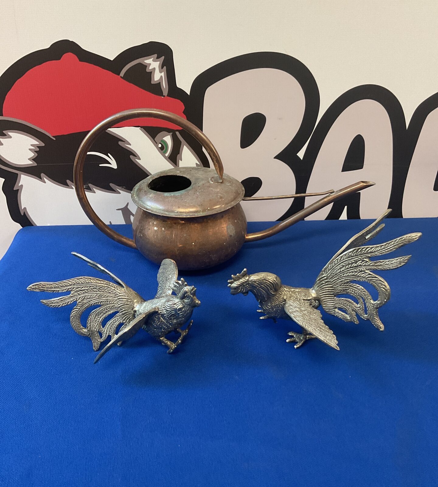 Pair of silver plate fighting cocks & copper watering can