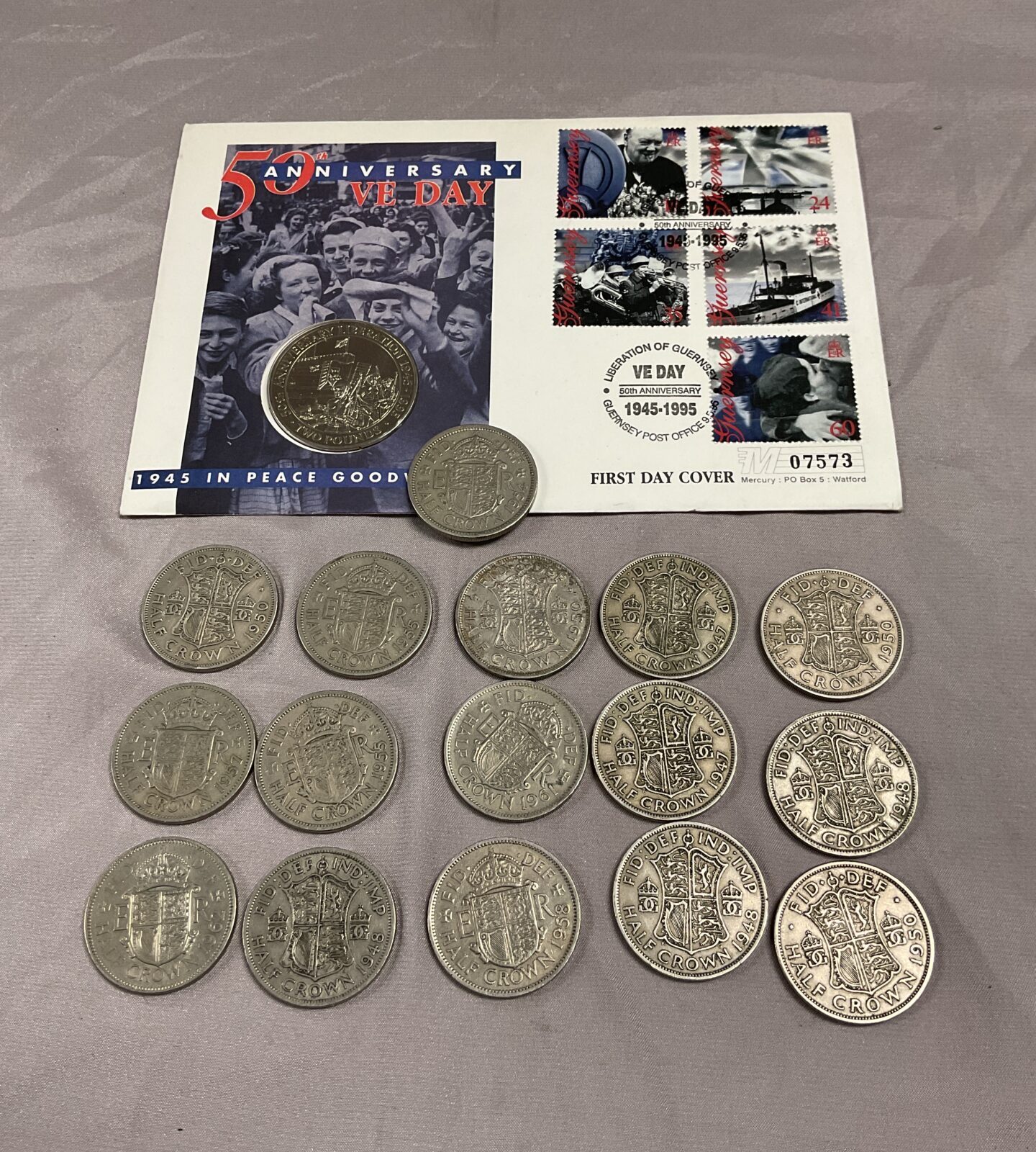 Ve 50th anniversary 1st day coin cover and 16 Half crowns