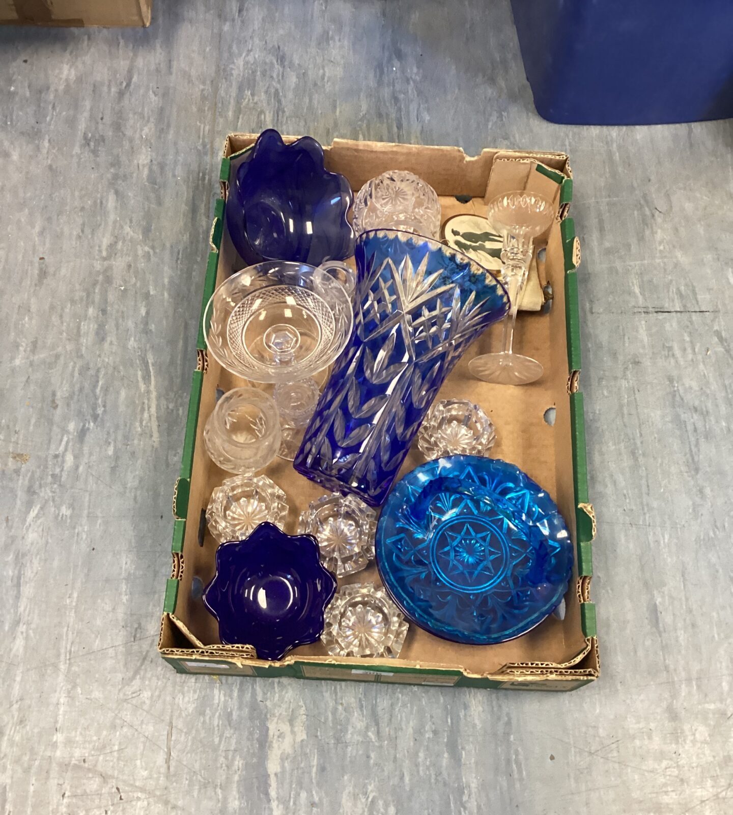 Box of mixed glass inc Blue vase