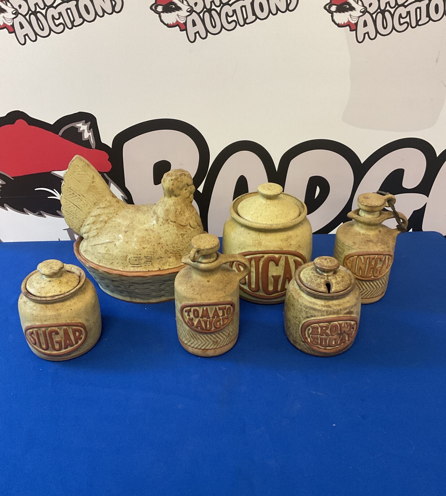 Set of Cornish stoneware pots, bottles & chicken