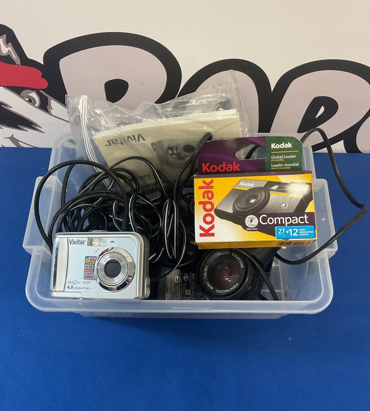 Box of cameras & cables inc kodak & vivitar