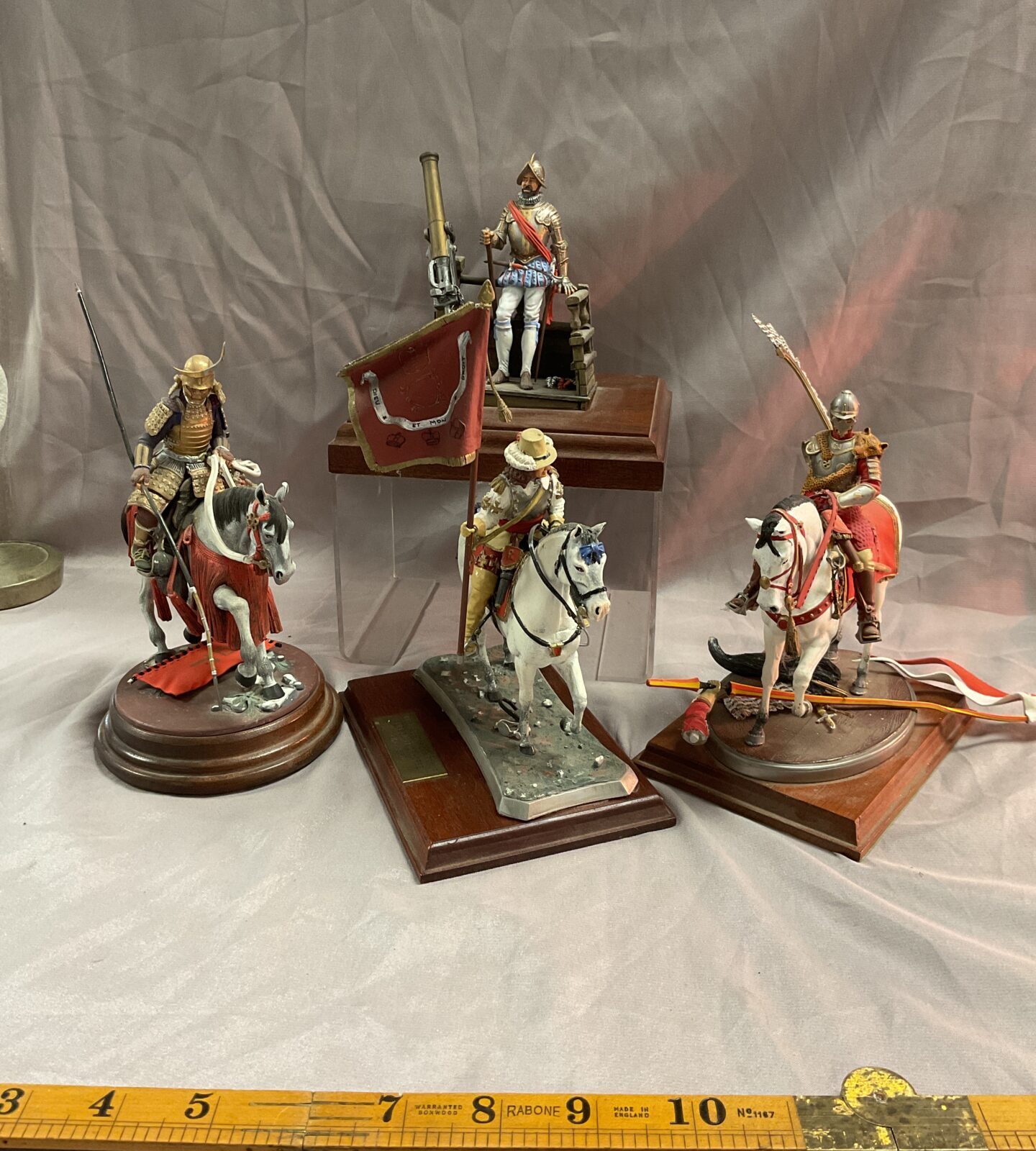 four pewter hand painted mounted 5” soldiers inc samurai and cannon emplacement