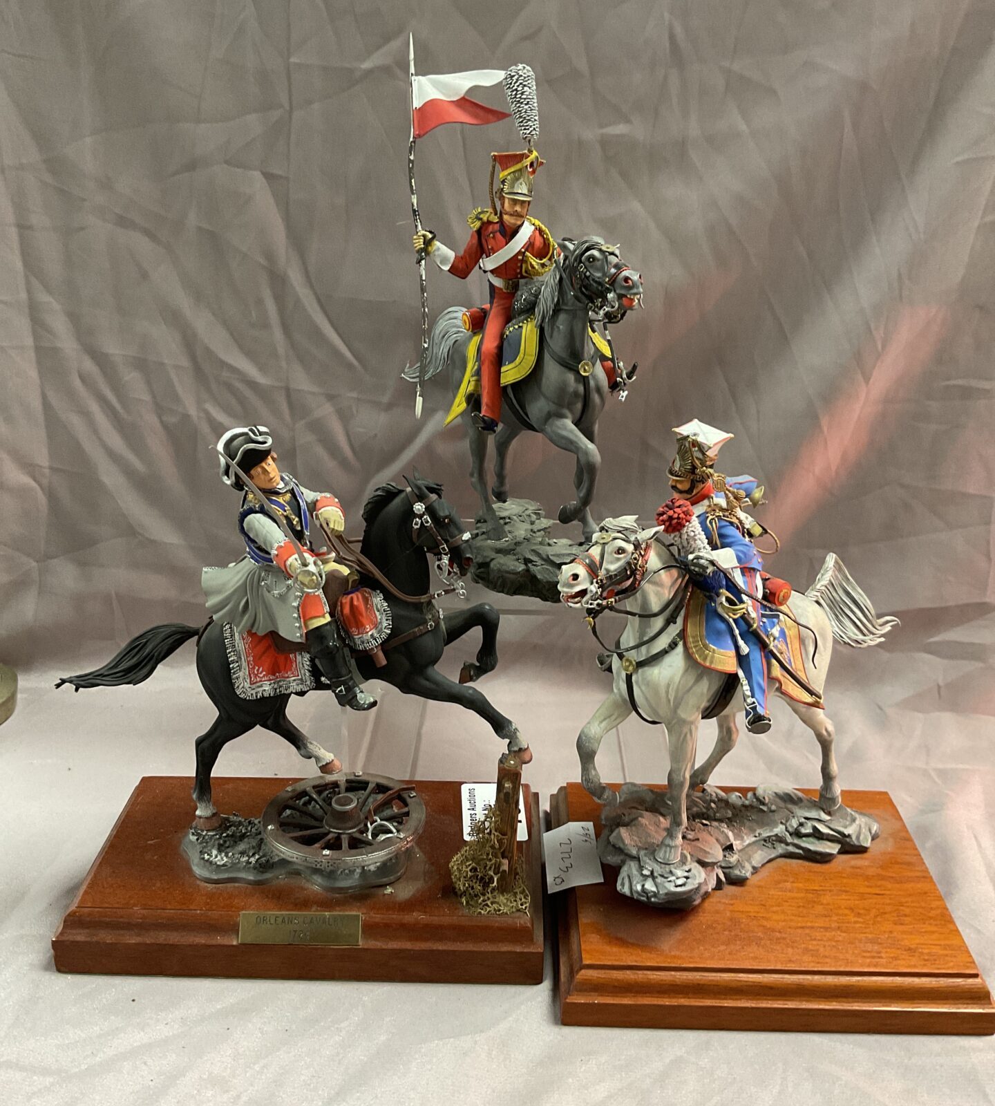three mounted napoleonic french pewter 5” soldiers inc trumpeter