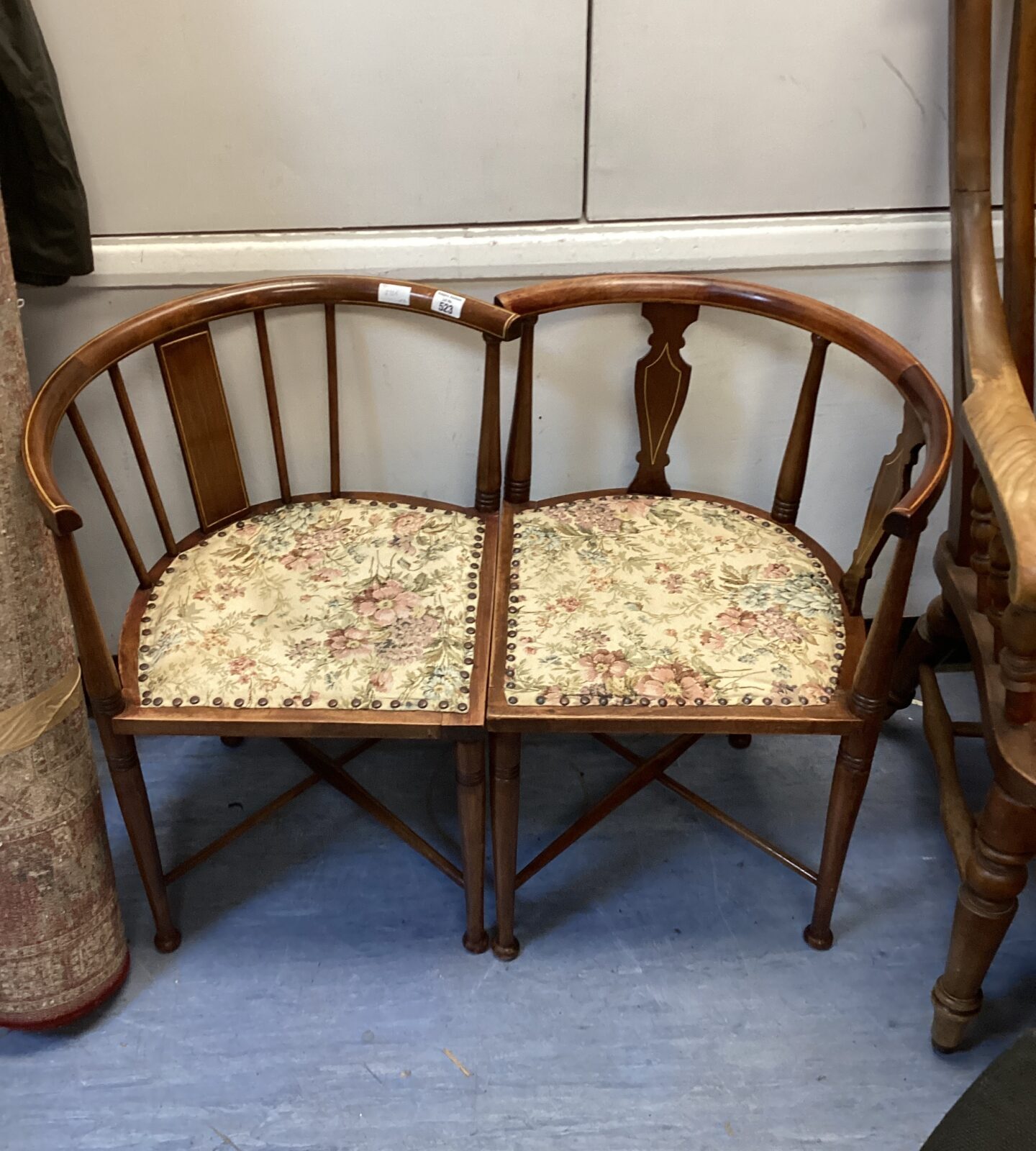 Two Edwardian floral patten inlaid mahogany corner chairs