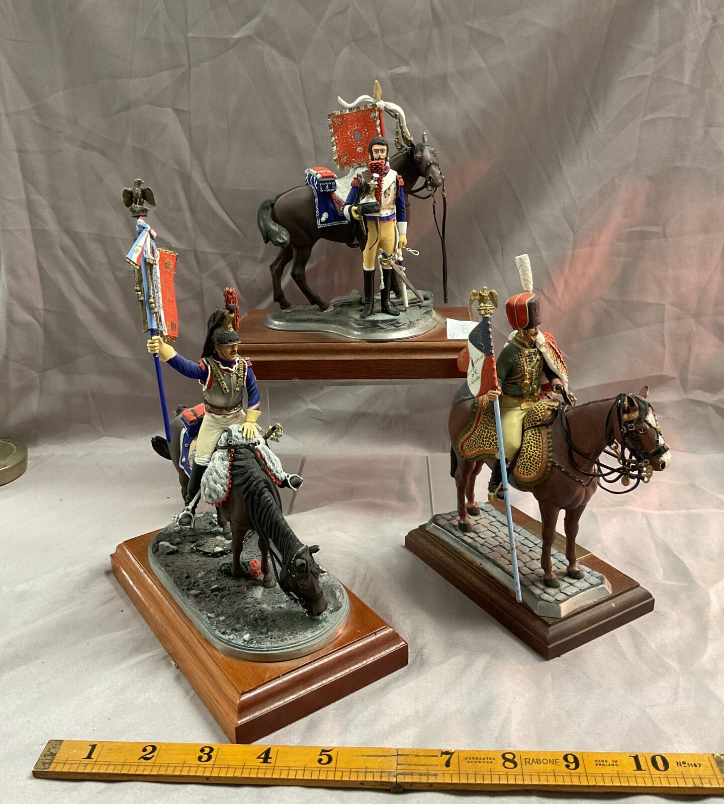 three mounted  napoleonic french pewter soldiers eagle standard bearers