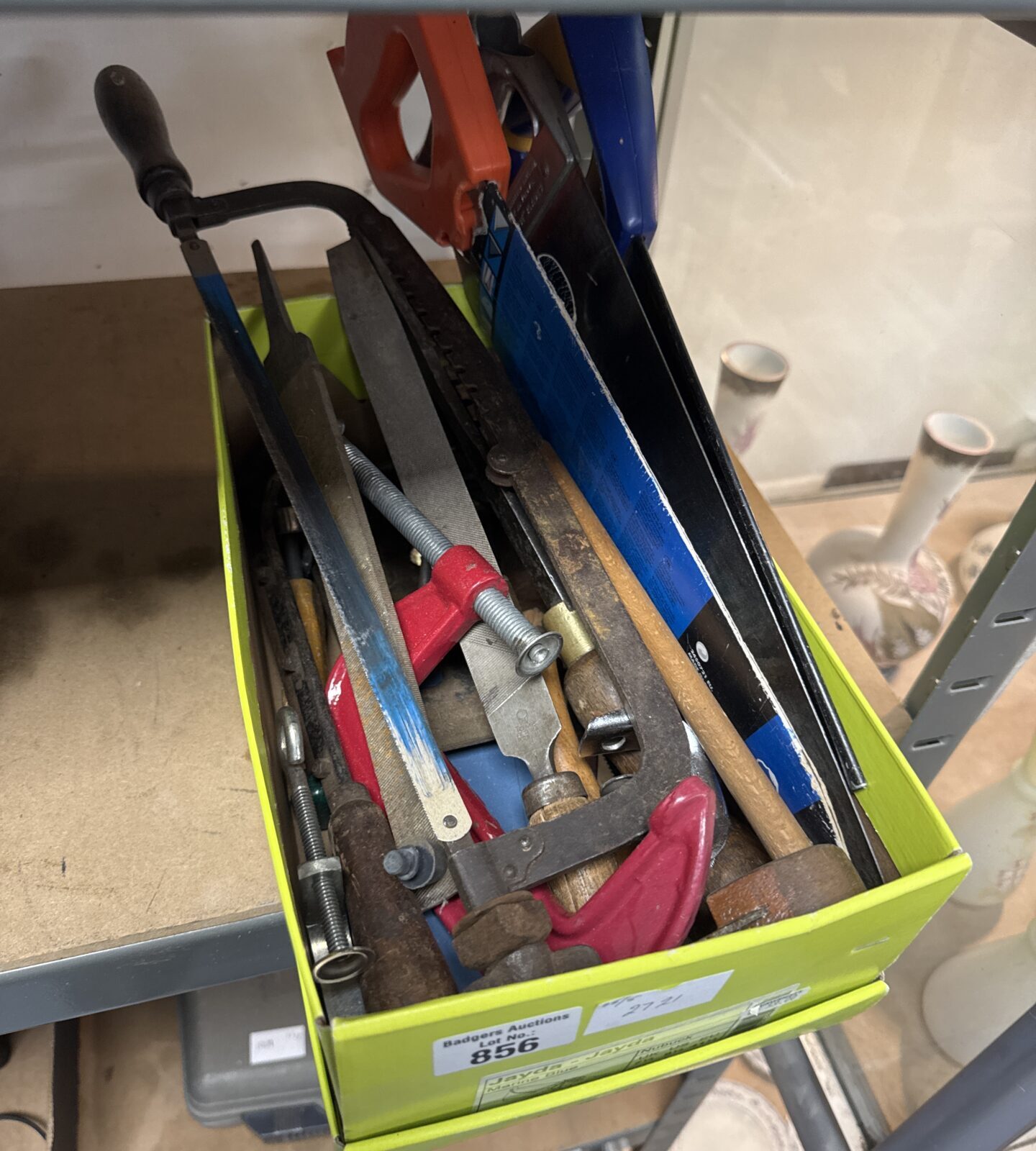 Box of tools inc G clamp & saws