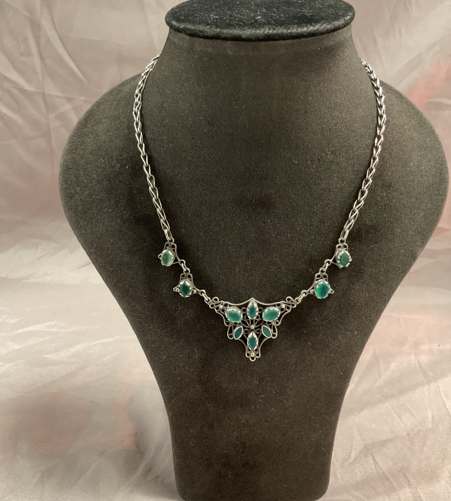 Art Nouveau Silver Necklace best with green stones