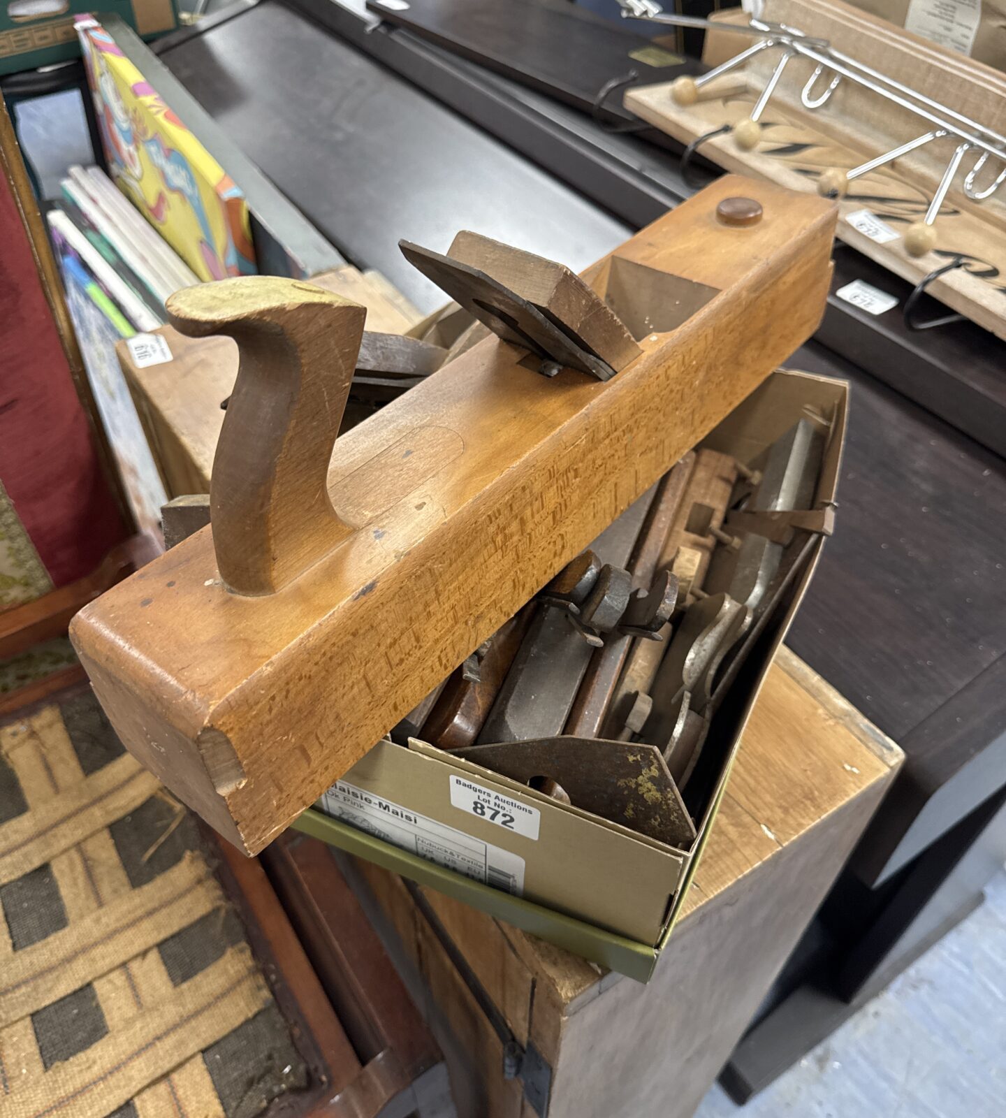 Shoe box of vintage wood planes & tools