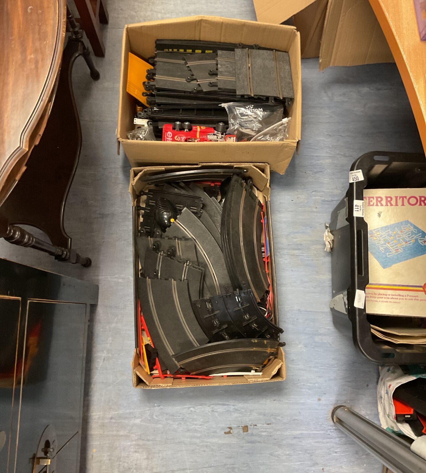 Two boxes of scalextric inc tracks, cars and other parts/ accessories