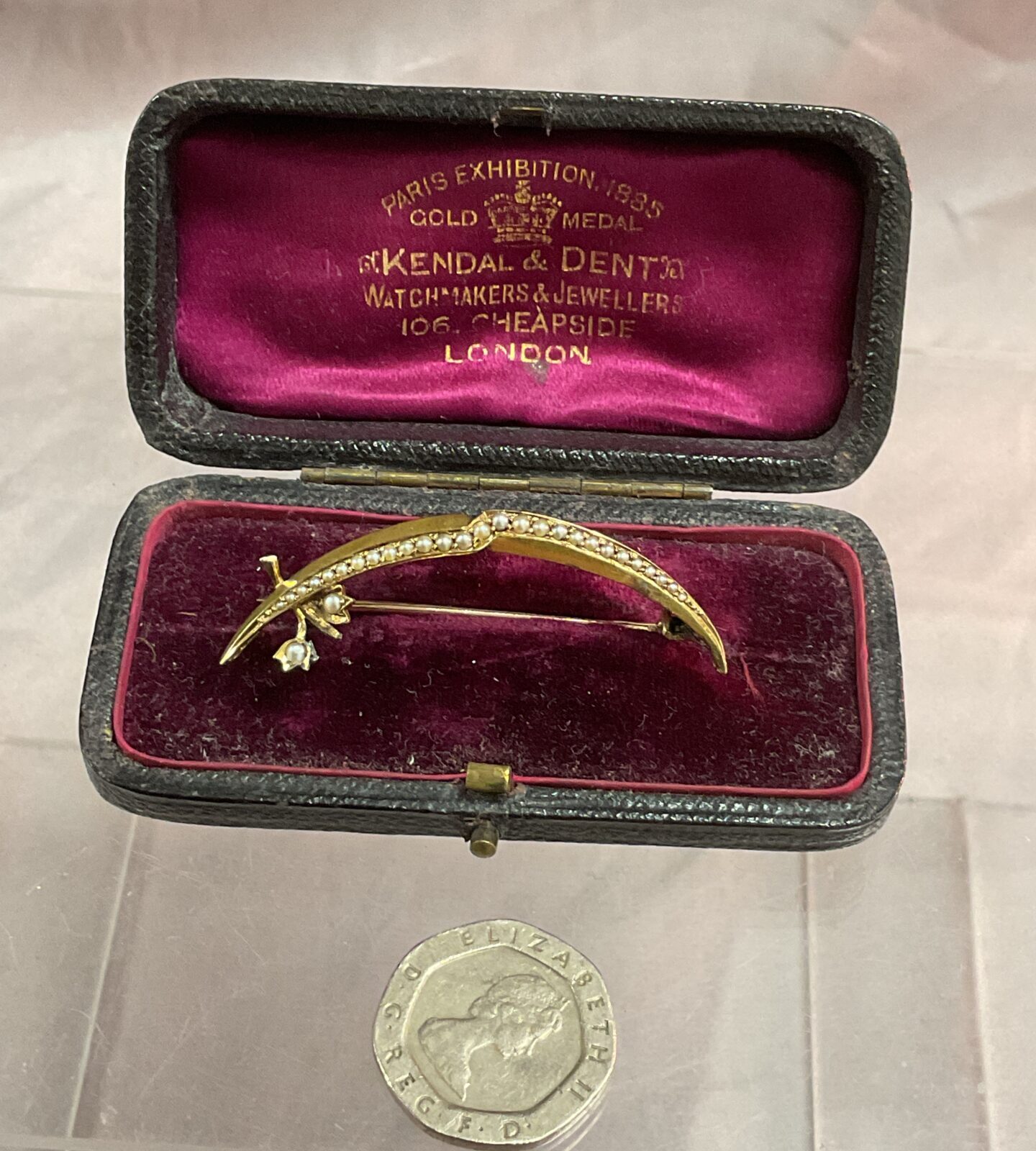 Gilt Seed Pearl Crescent Brooch