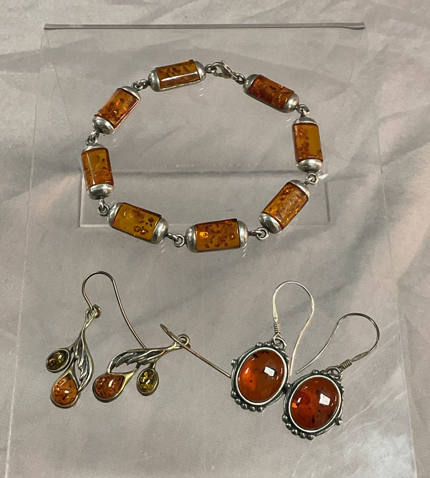 Silver Amber Necklace And Two pairs Amber Earrings