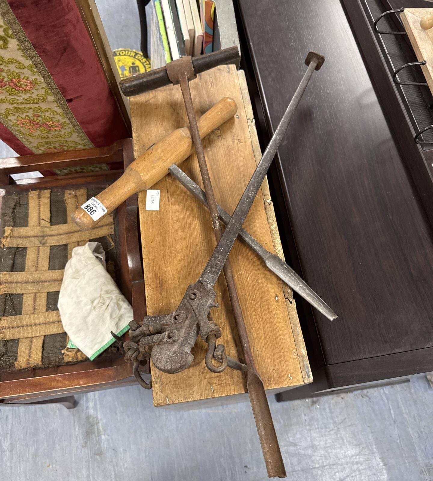 Two vintage hole boring augers with vintage set of butcher’s scales