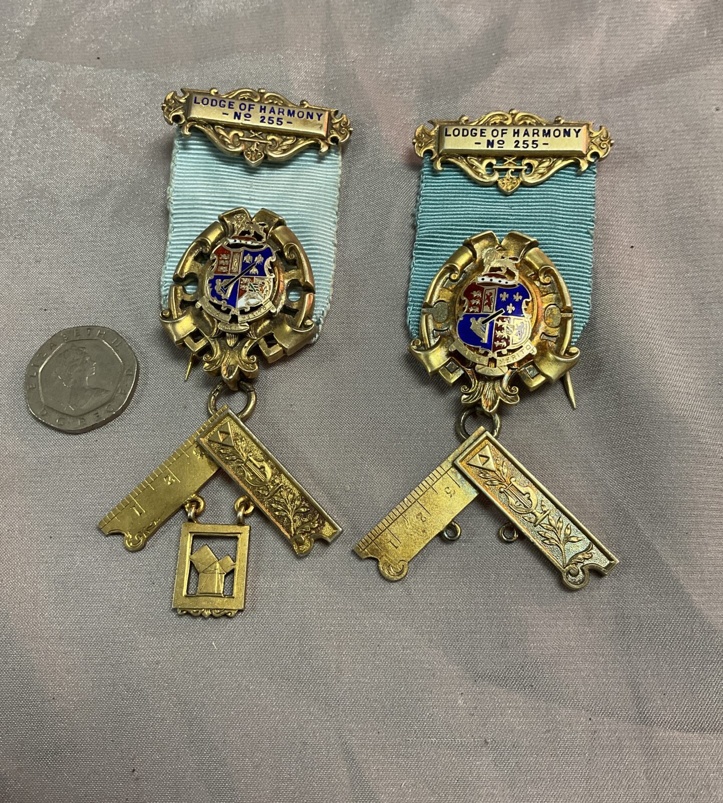 Two Masonic Past Masters Silver Gilt Jewel Lodge of Harmony 1959 1968