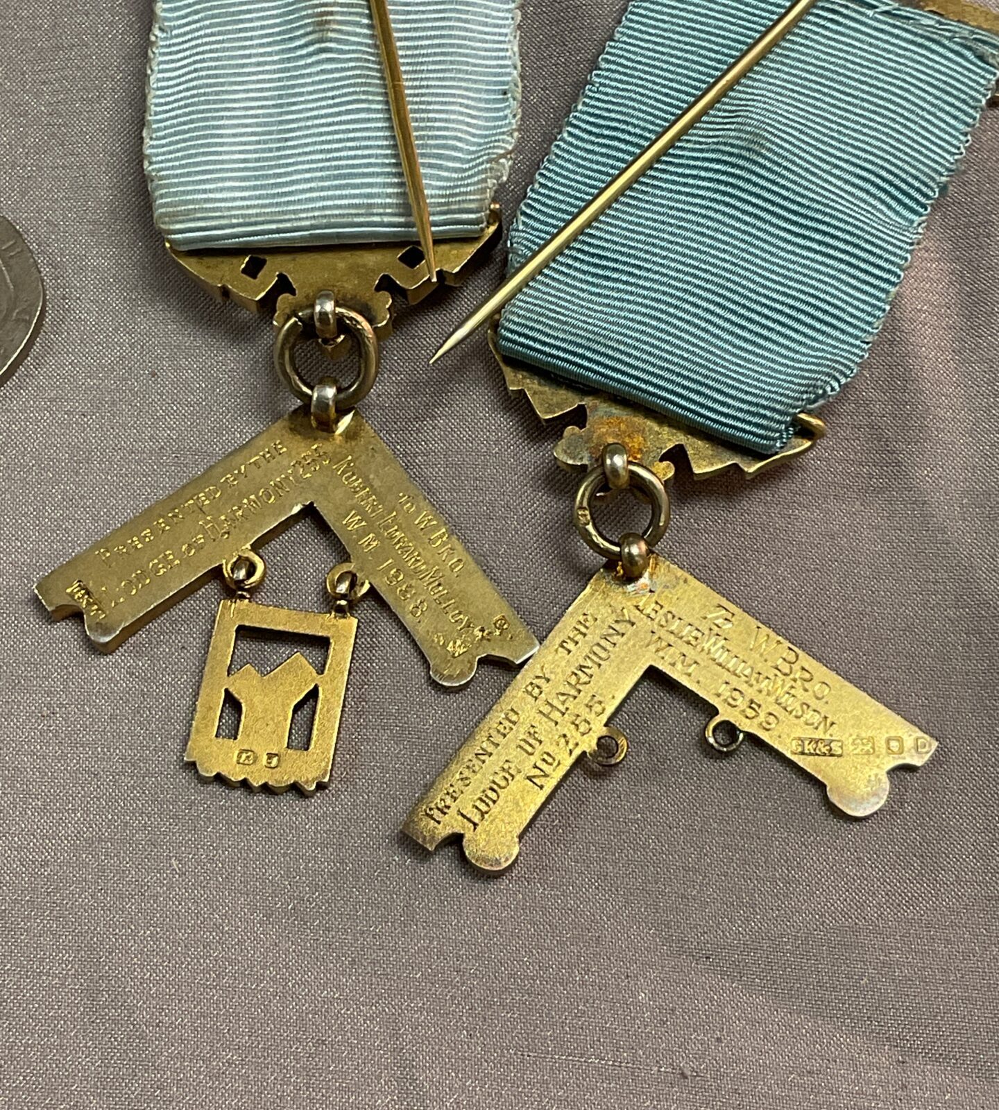 Two Masonic Past Masters Silver Gilt Jewel Lodge of Harmony 1959 1968 - Image 2