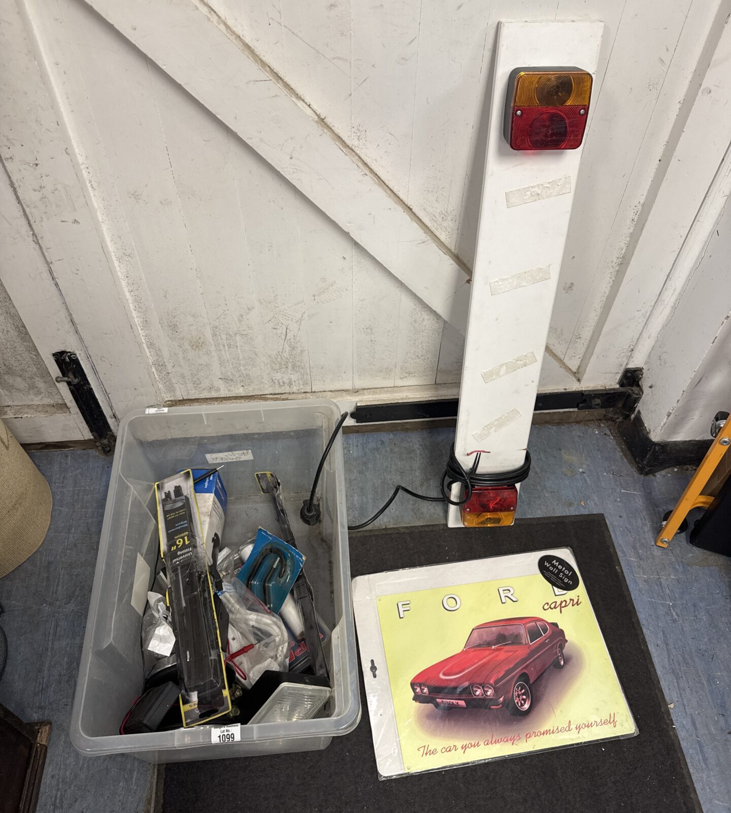 Box of garage clearance items inc Ford capri metal sign & small trailer lightboard