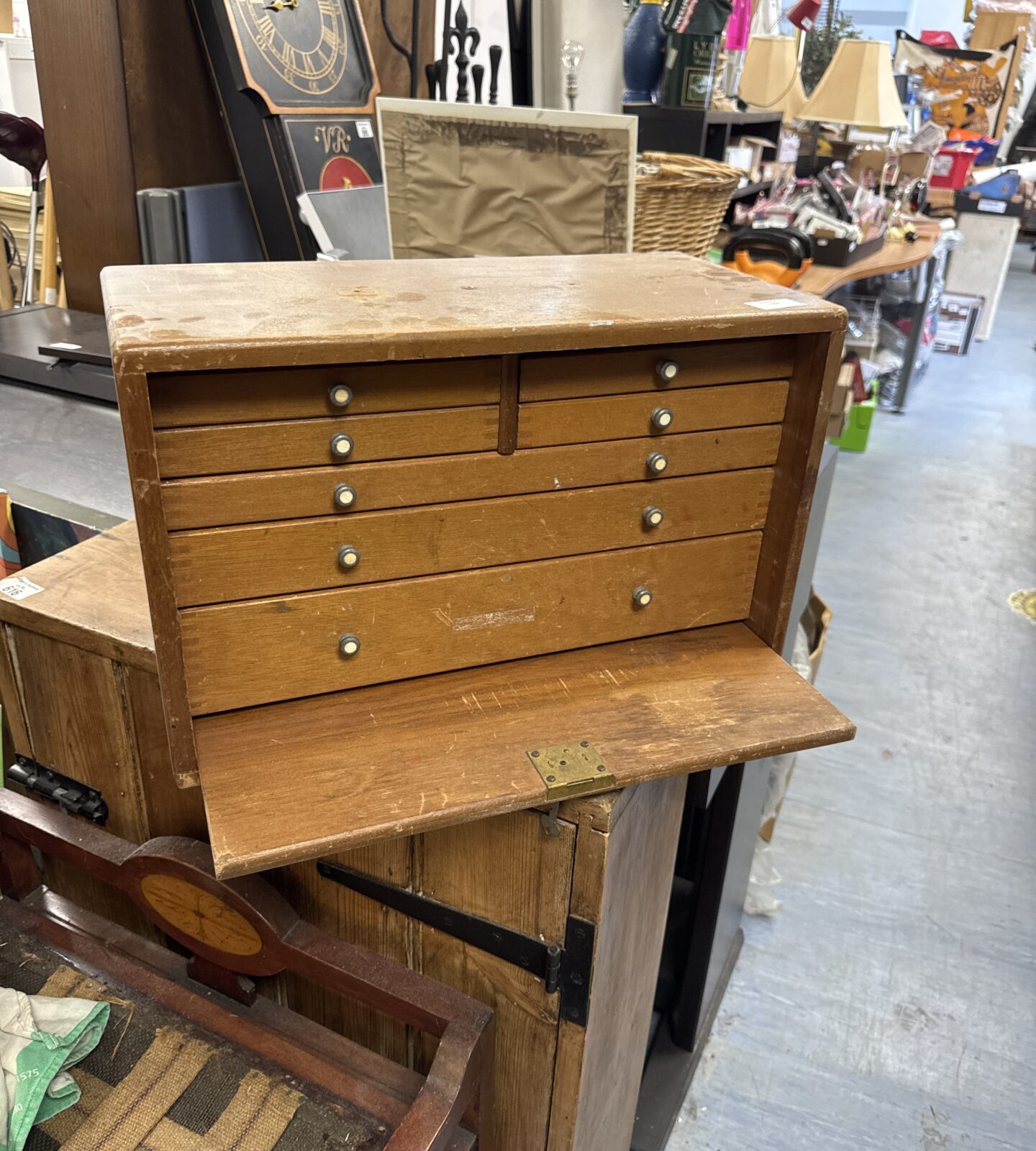 Vintage wooden engineers toolbox with felt lined drawers & key