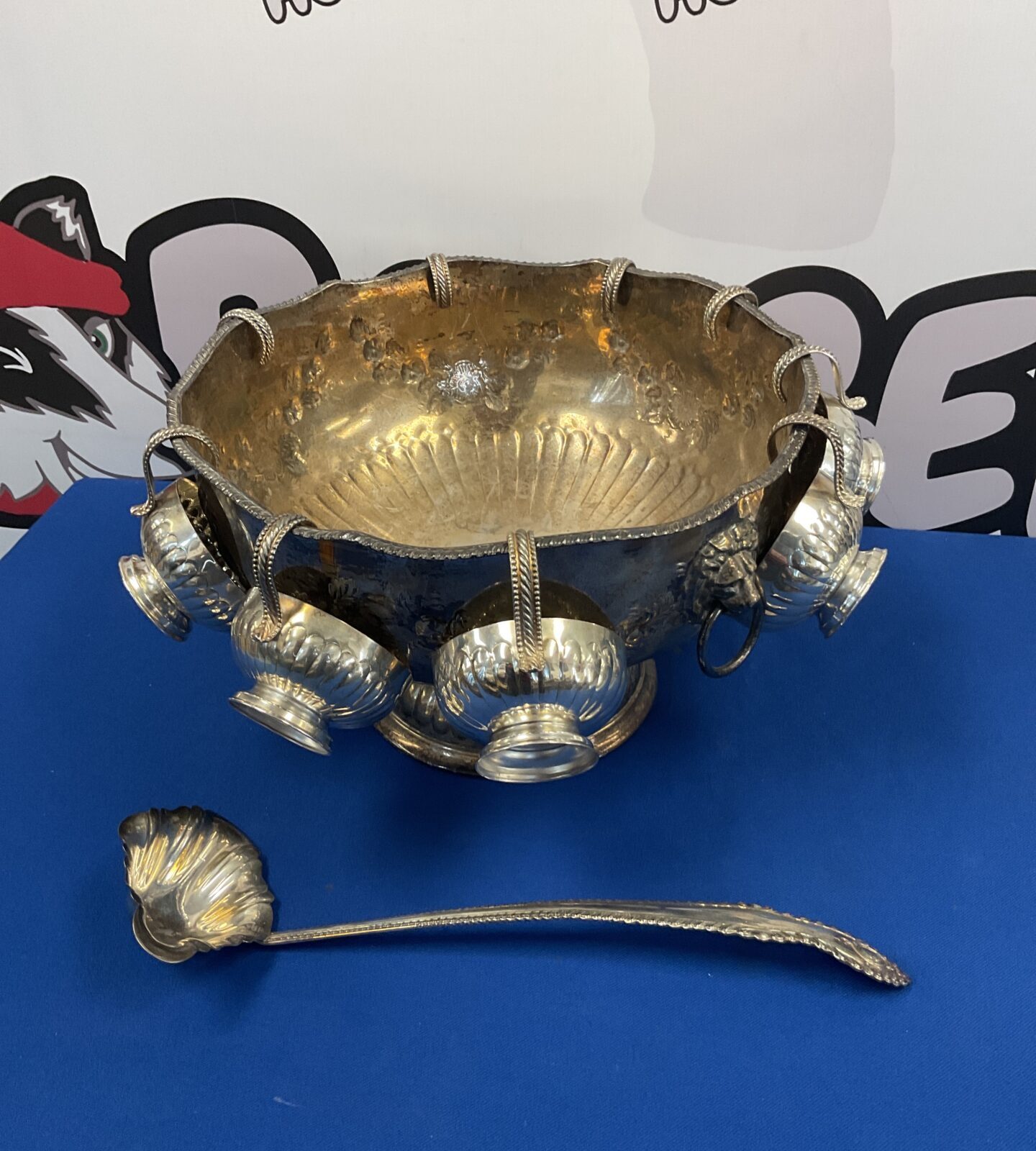 Large silver on copper punch bowl with cups & ladel