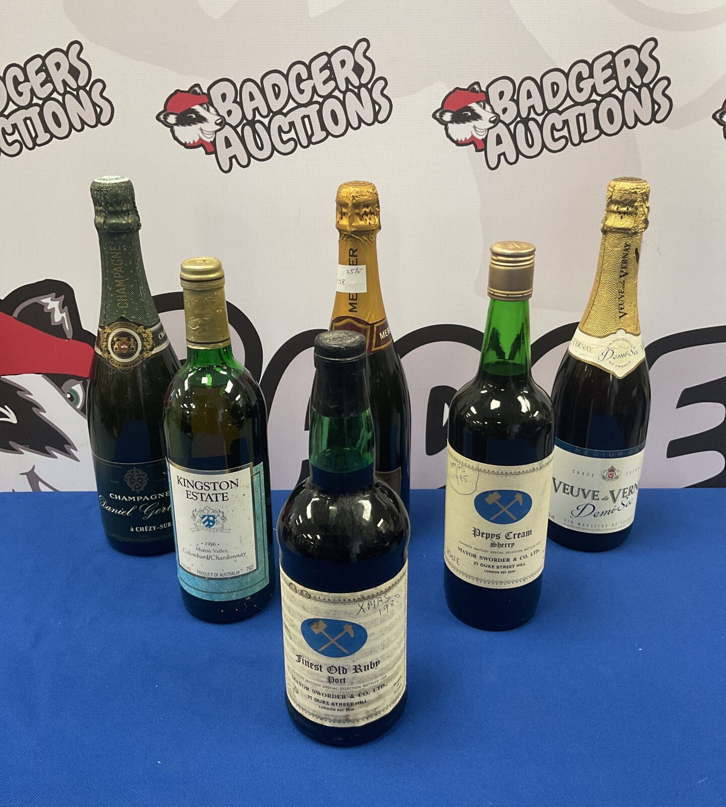 Six bottles of wine, sherry, port & champagne including veuve vernay & 1983 ruby port