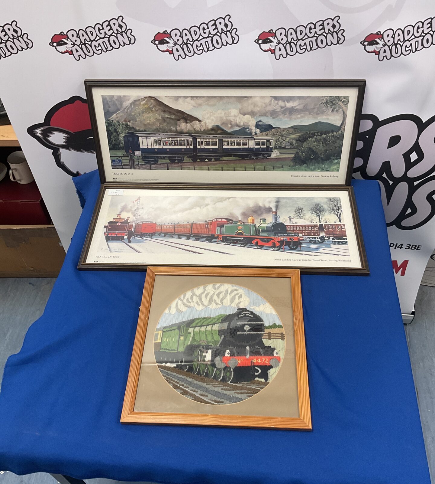 Two framed steam train prints & embroidery including c Hamilton ellis