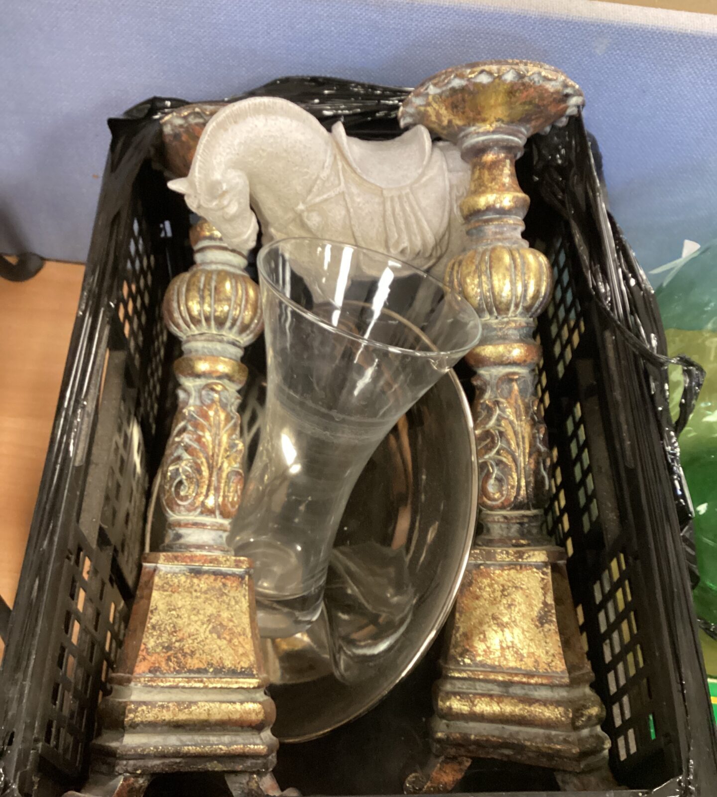 Box of mixed items inc candle sticks & resin horse ornament