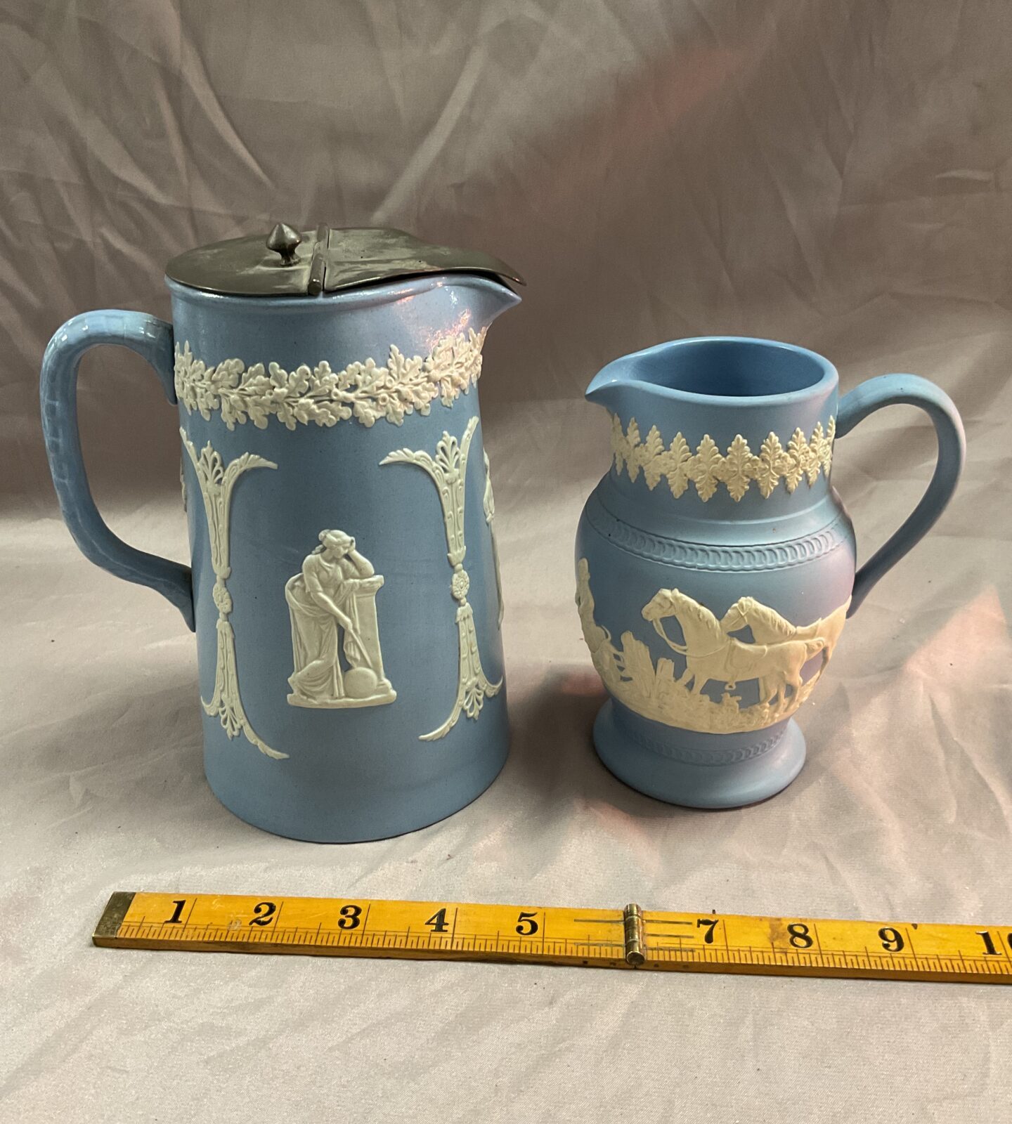 Two vintage dudson Jasperware Jugs one with pewter lid