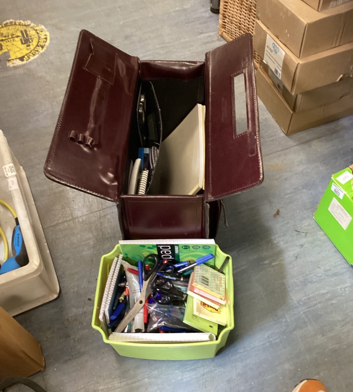 Briefcase with stationary & box of mixed stationary items inc pens & notepads